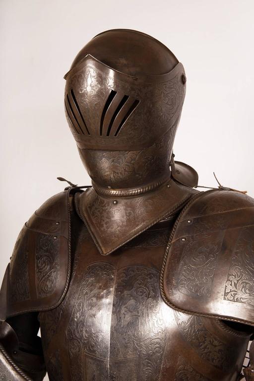 Lifesize Etched Iron Full Plate Suits of Armour with Shields, Pair