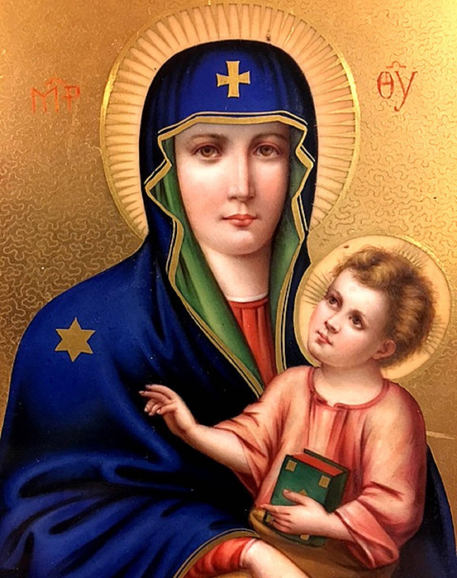KPM Porcelain plaque depicting Mary with child on a golden ground. Marked KPM on the reverse. Beautiful quality and good original condition. Mother and child here represented in the tradition of orthodox icons.
Above her head are the letters “MP