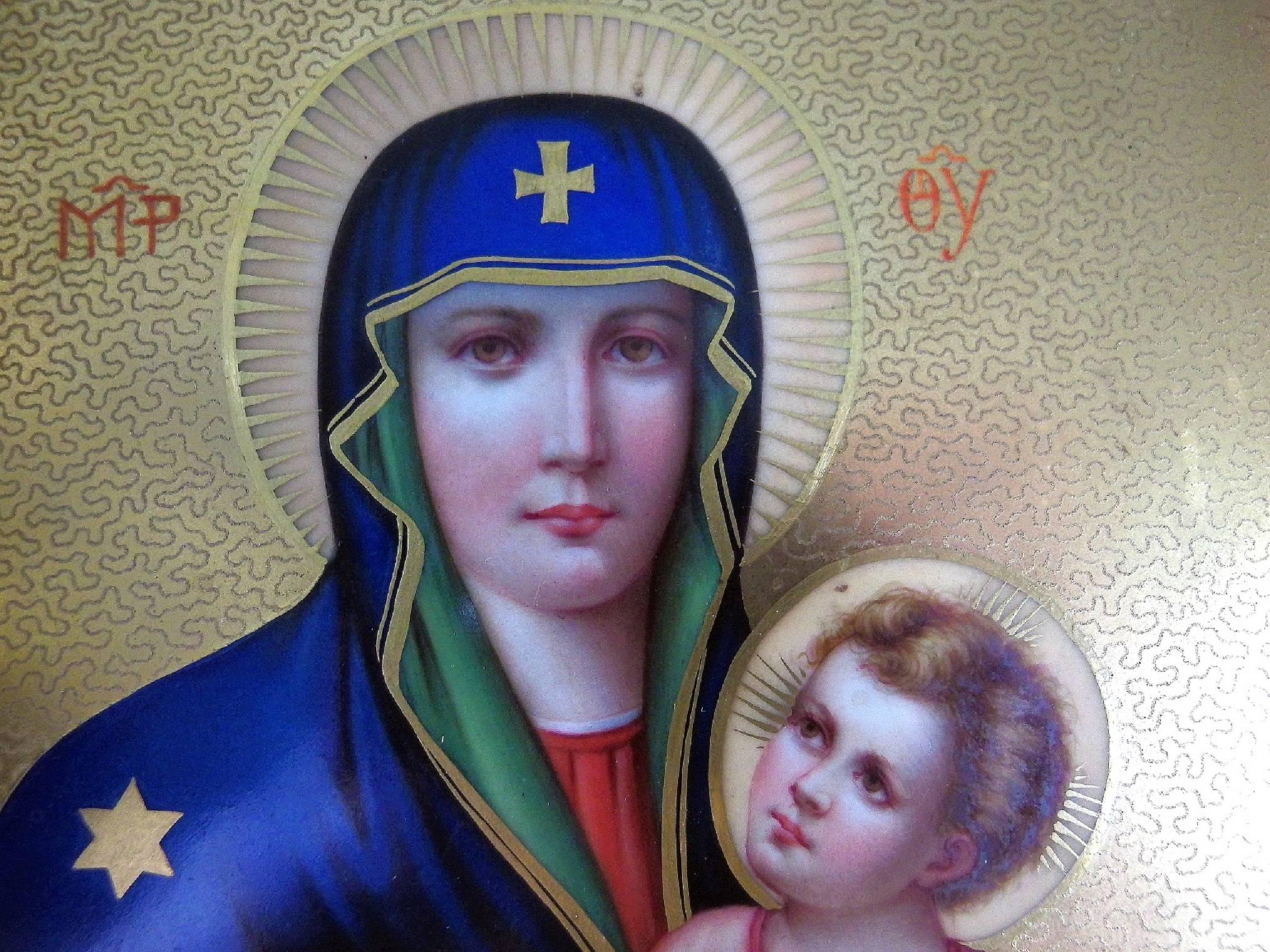 Carved KPM Porcelain Plaque, Mary and Child as an Orthodox Icon, Berlin, circa 1880 For Sale