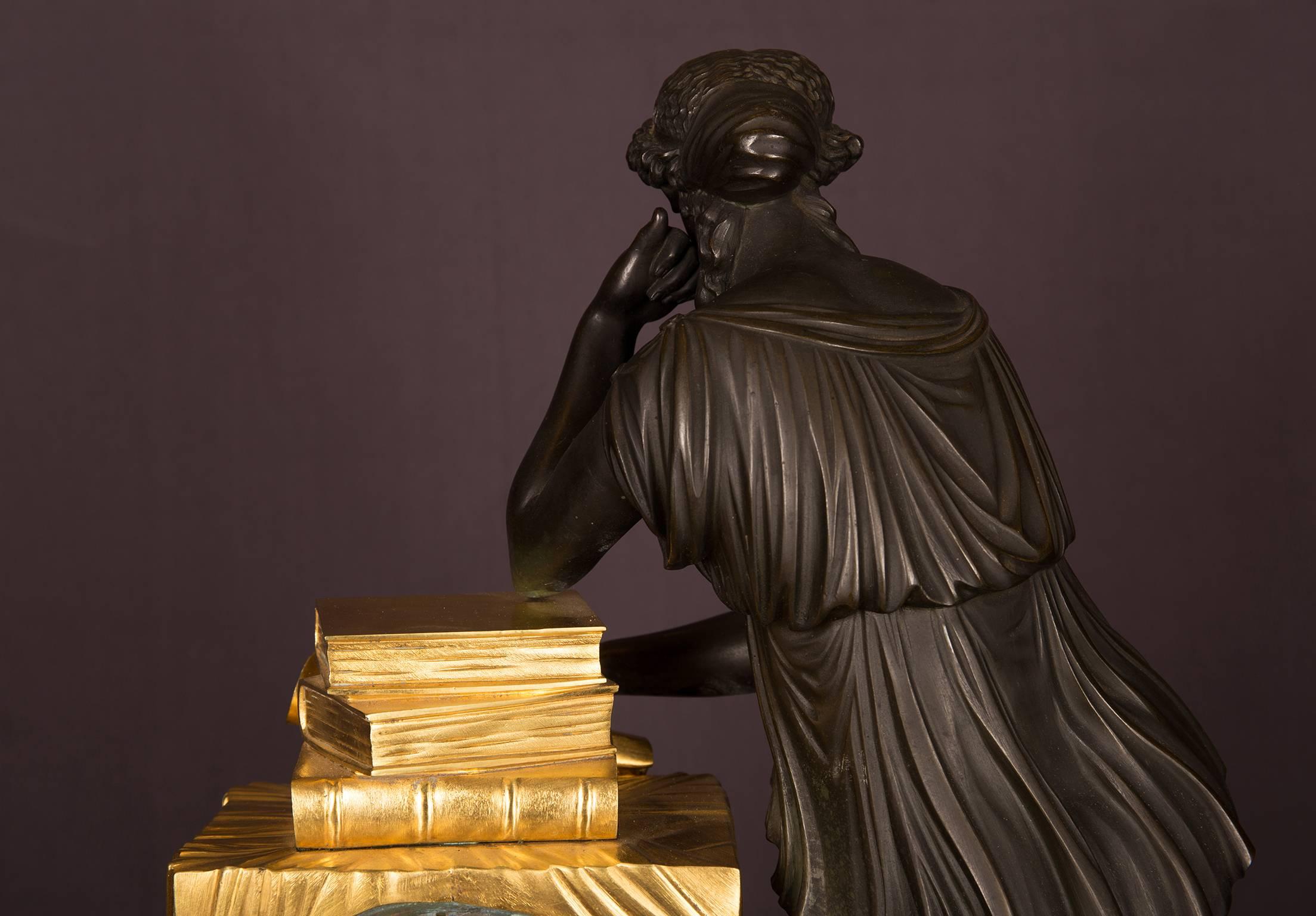 Brass Mantel Clock Bronze Empire Period Representing the Figure of Study, circa 1815 For Sale