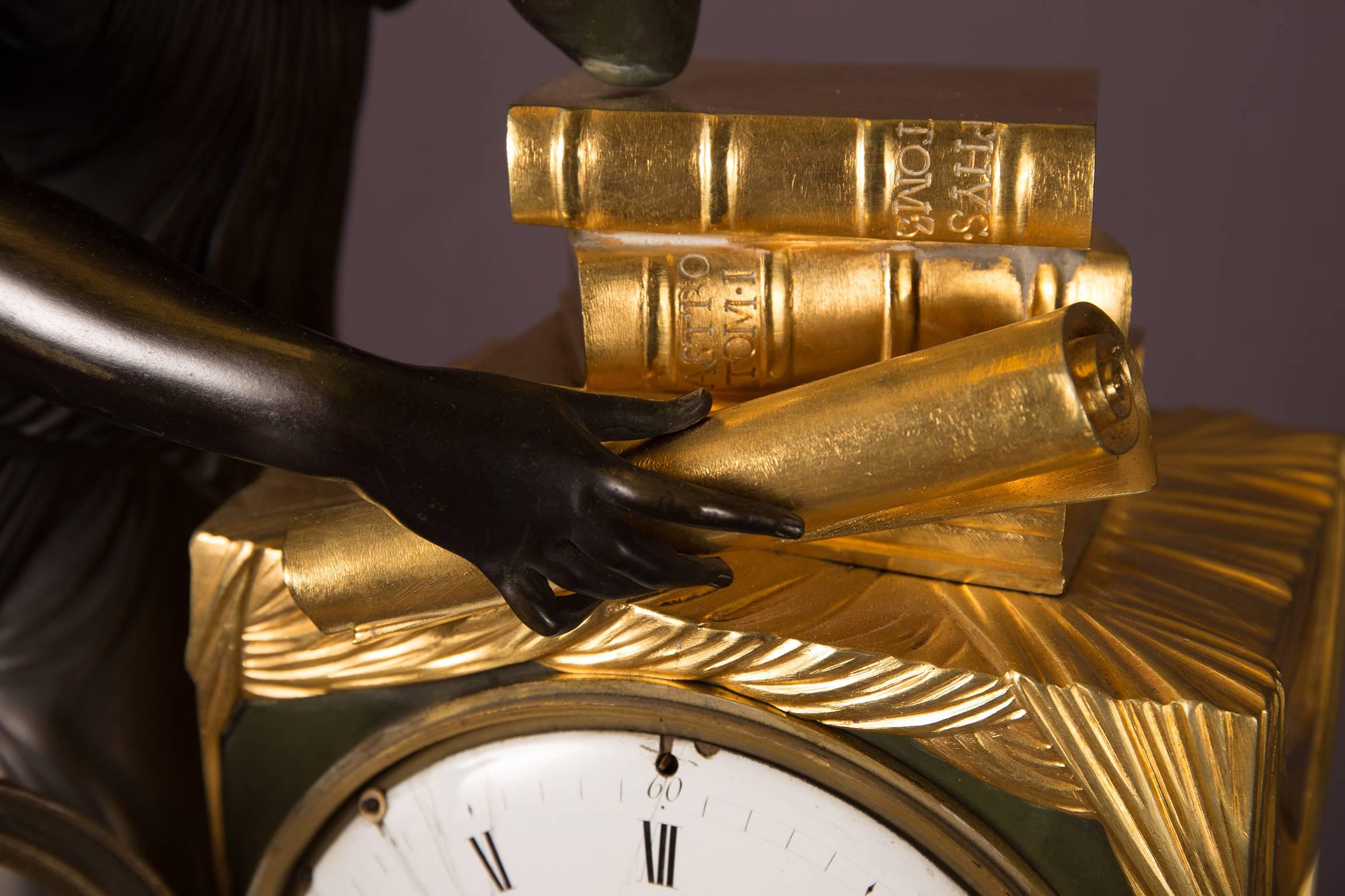 Gilt Mantel Clock Bronze Empire Period Representing the Figure of Study, circa 1815 For Sale