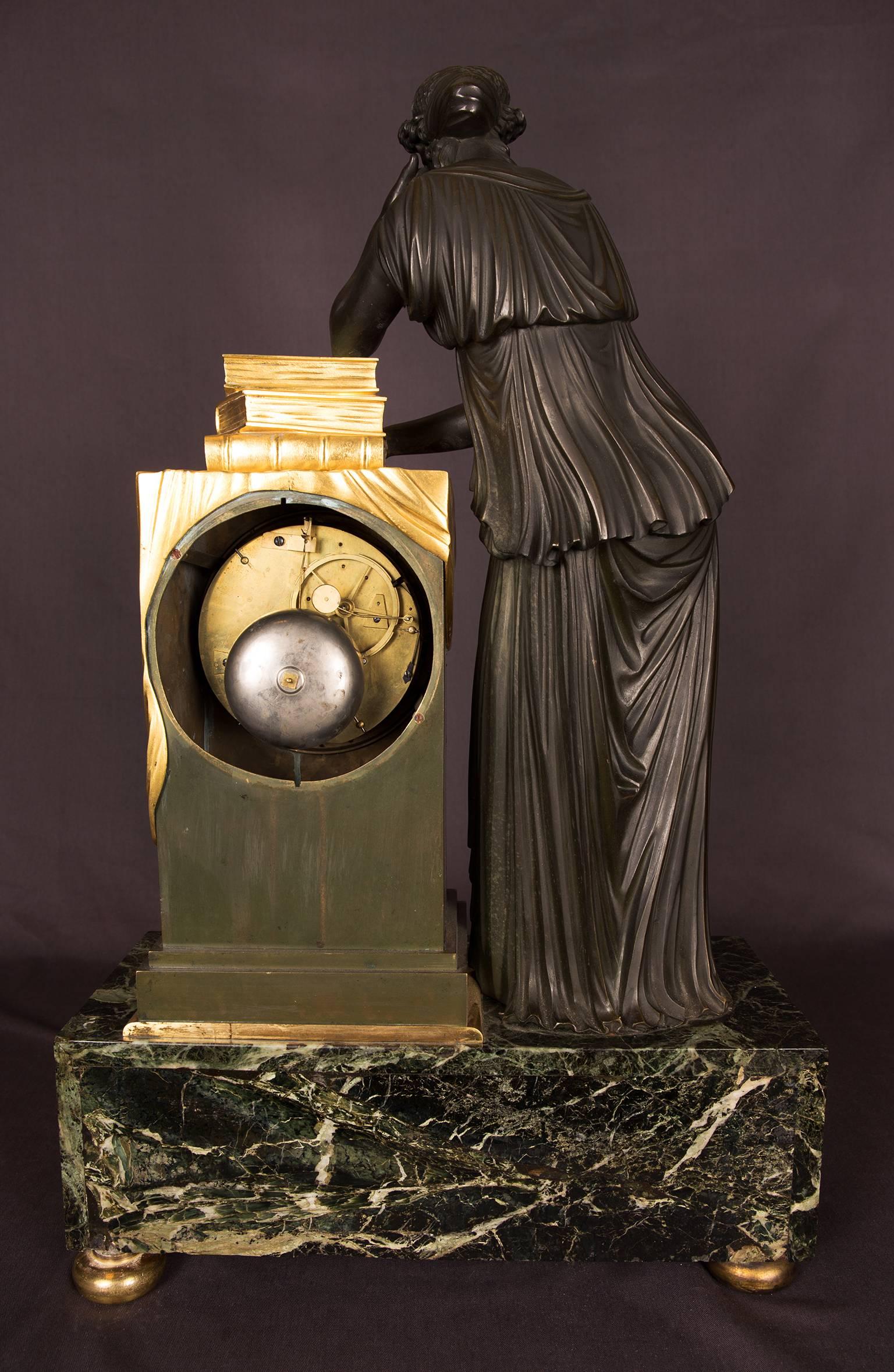 19th Century Mantel Clock Bronze Empire Period Representing the Figure of Study, circa 1815 For Sale