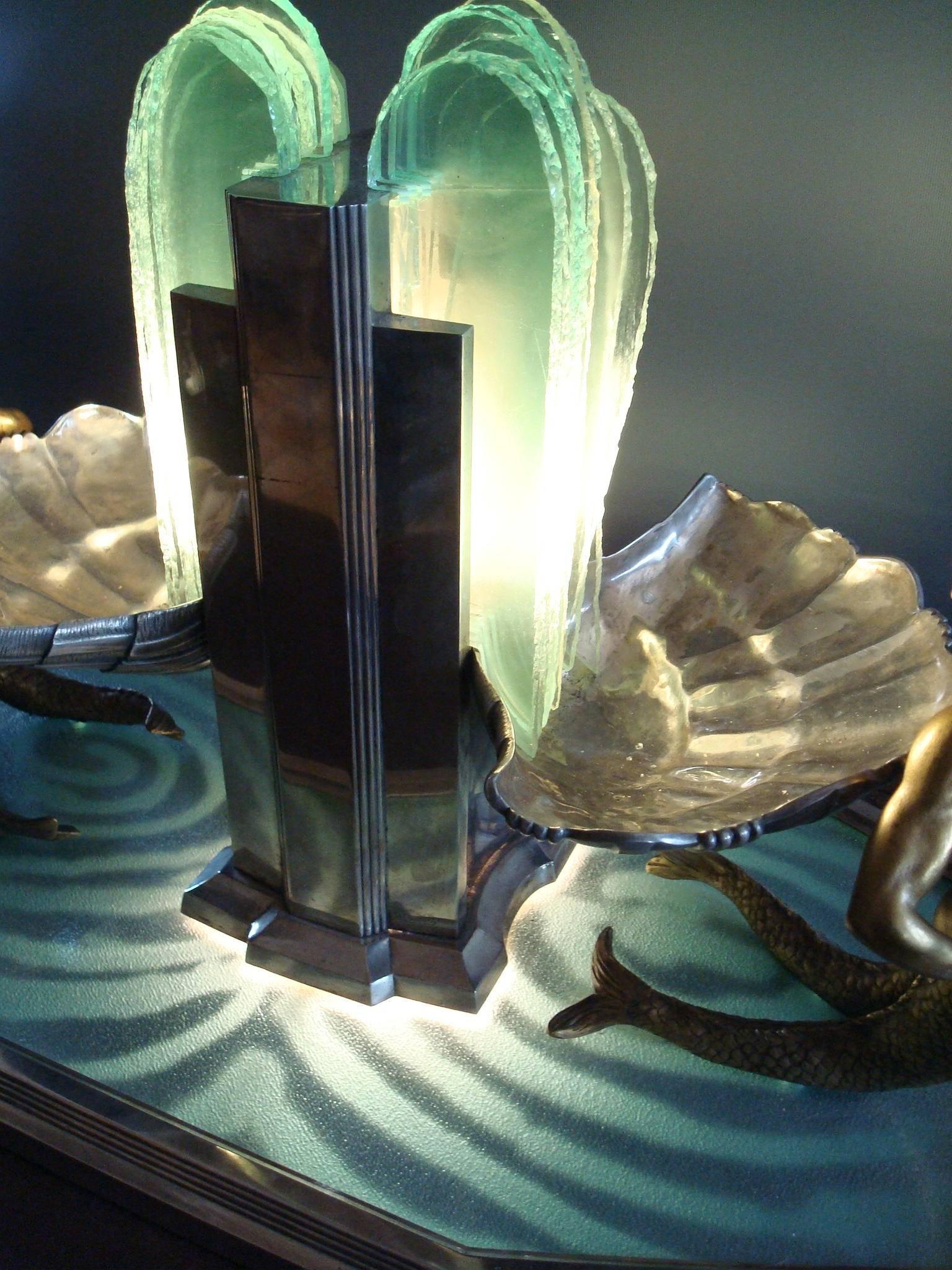 Metal Art Deco Centrepiece with Light Representing a Water Fountain Signed R. Durquet For Sale