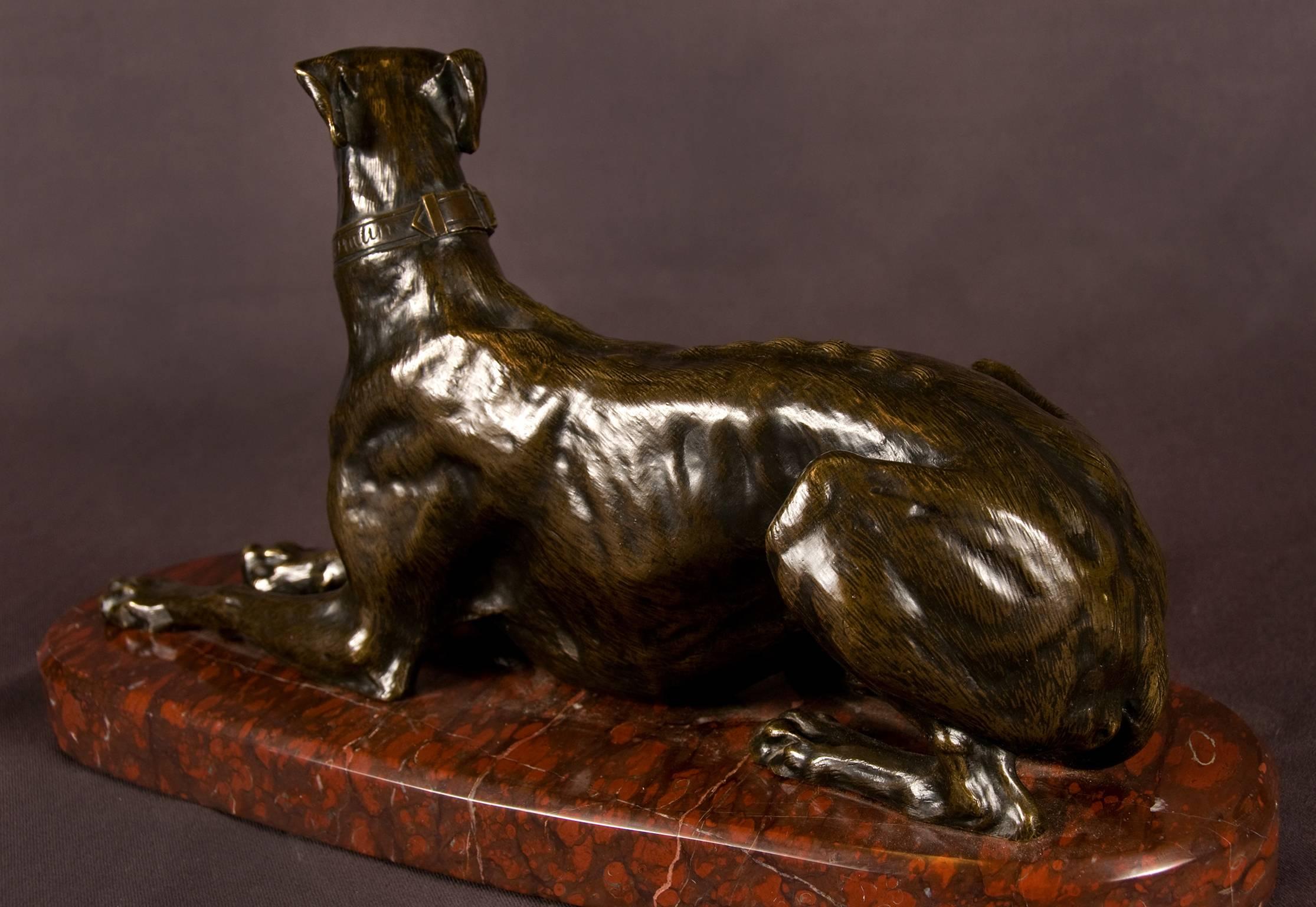 Other Patinated Bronze Greyhound on a Marble Base Signed Fratin, France, 19th Century For Sale