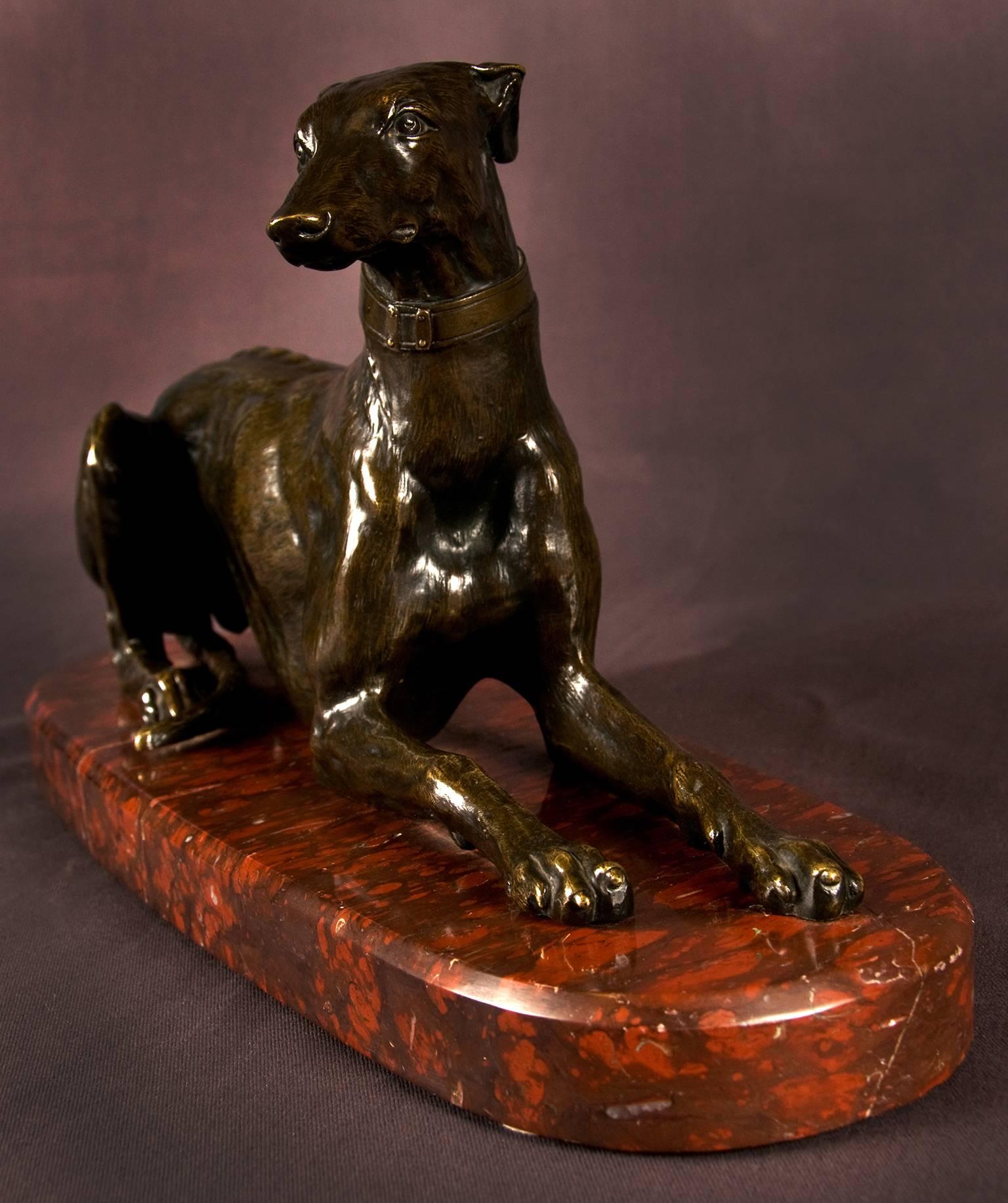 French Patinated Bronze Greyhound on a Marble Base Signed Fratin, France, 19th Century For Sale