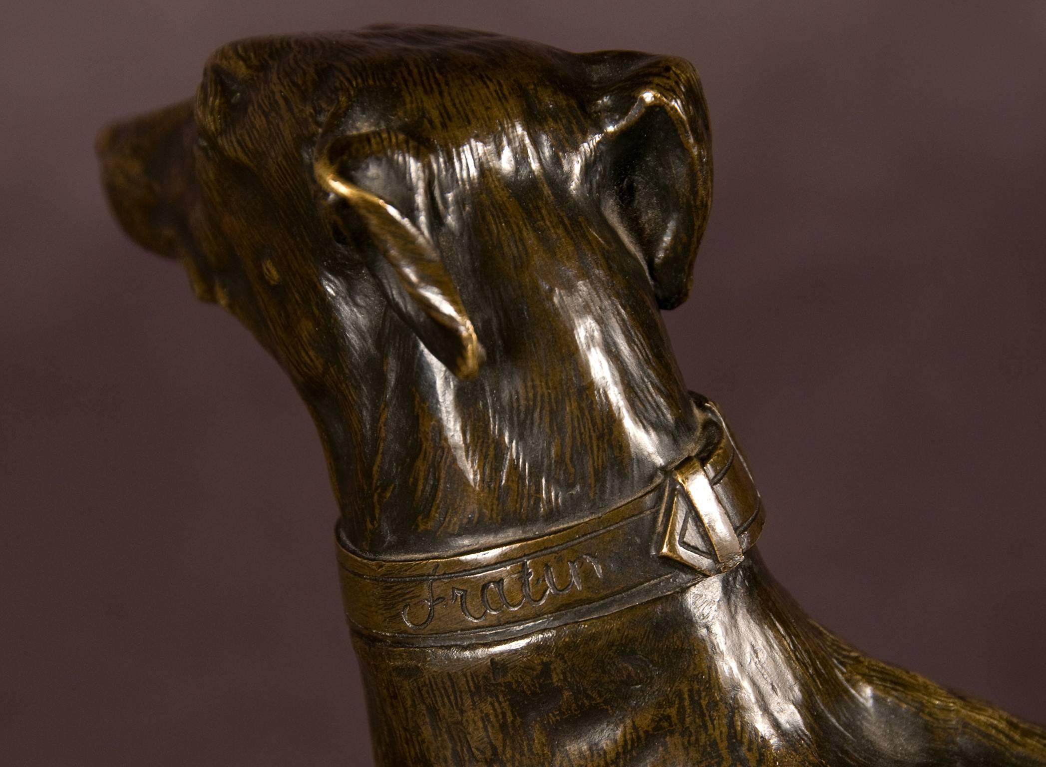 Patinated Bronze Greyhound on a Marble Base Signed Fratin, France, 19th Century For Sale 1