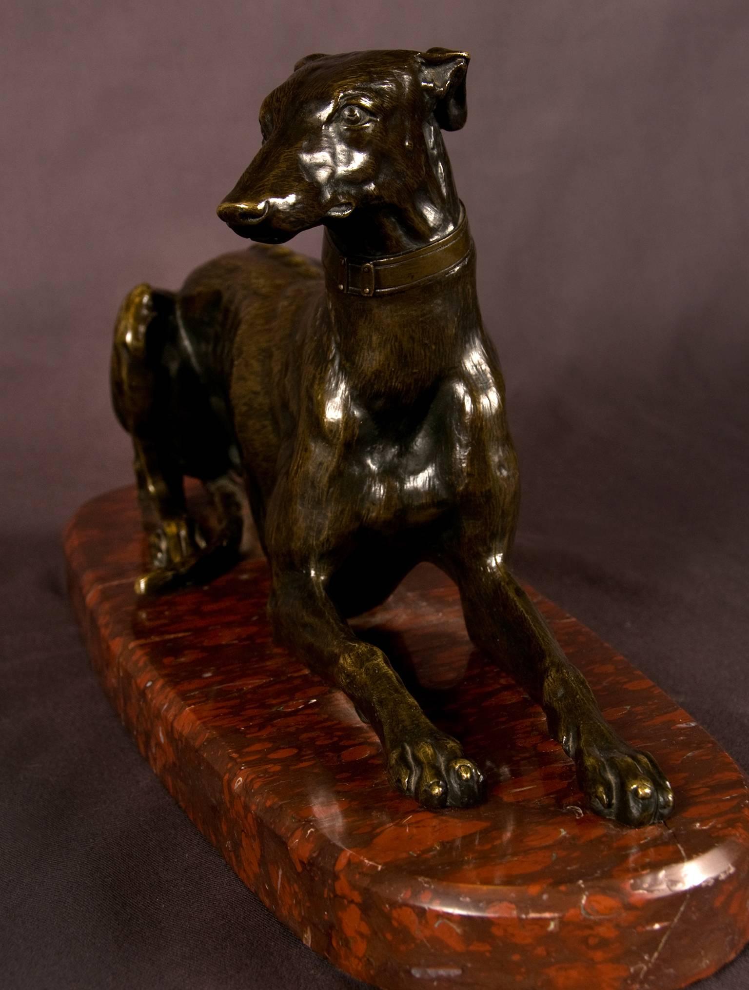 Patinated Bronze Greyhound on a Marble Base Signed Fratin, France, 19th Century For Sale 2