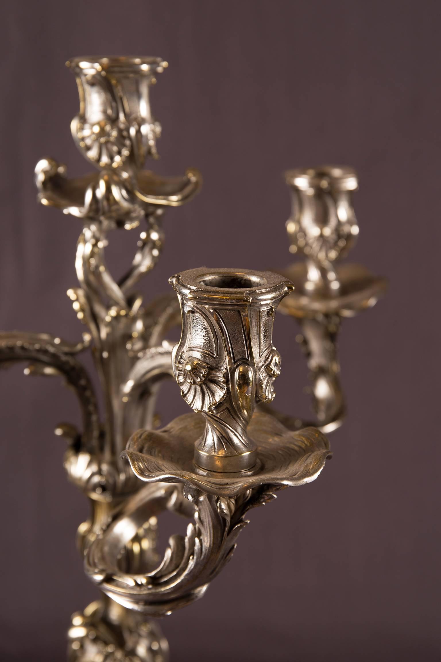 French Pair of Silvered Bronze Five-Light Candelabra Each with Putti, France circa 1900 For Sale