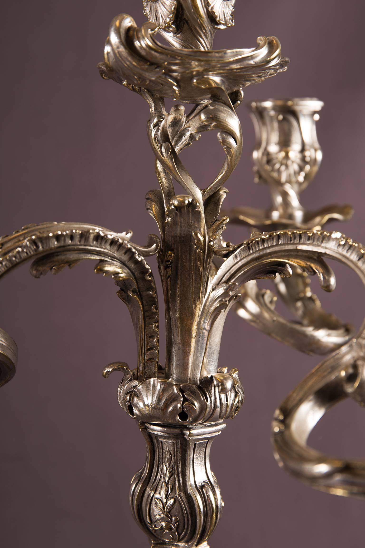 19th Century Pair of Silvered Bronze Five-Light Candelabra Each with Putti, France circa 1900 For Sale