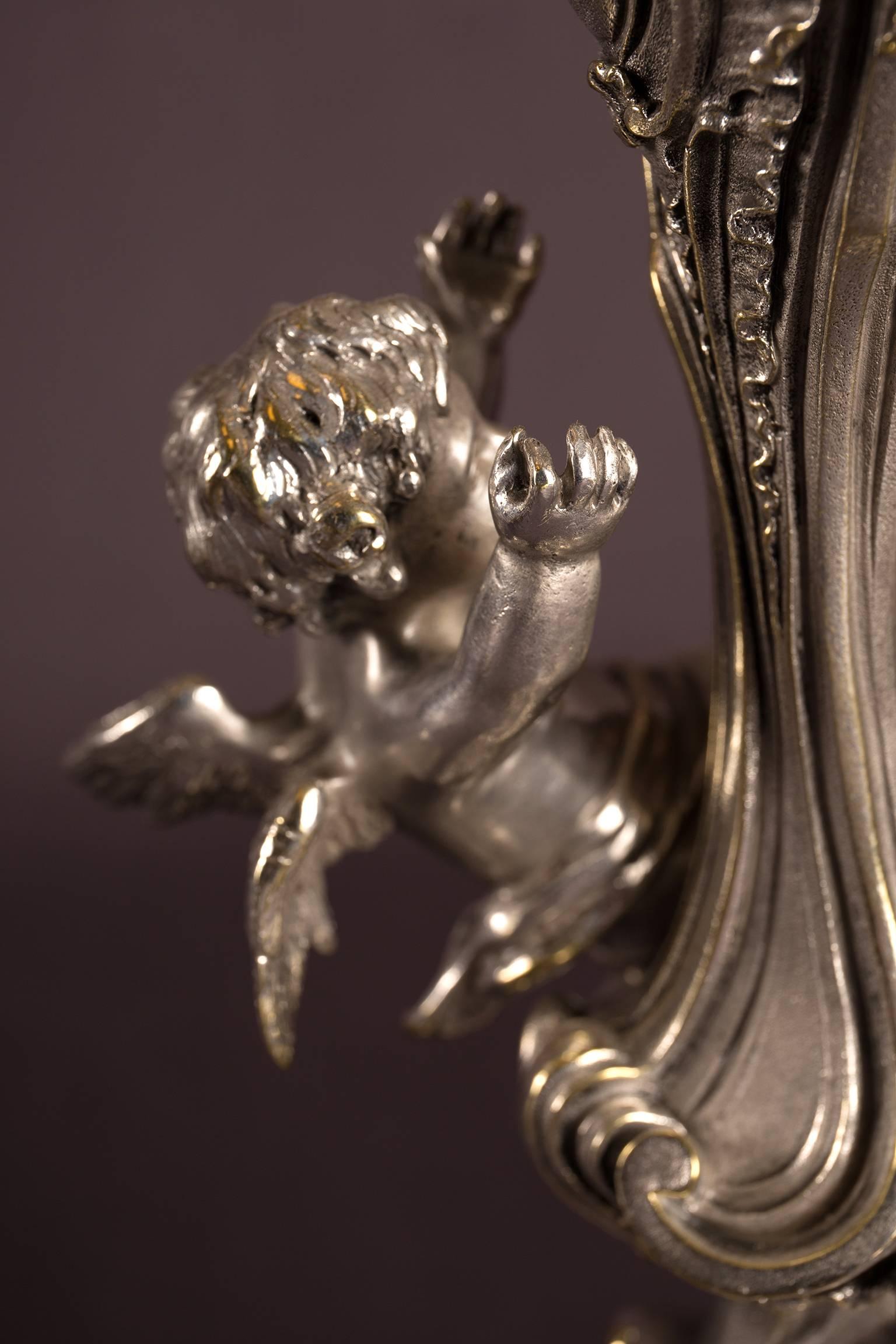 Pair of Silvered Bronze Five-Light Candelabra Each with Putti, France circa 1900 For Sale 1