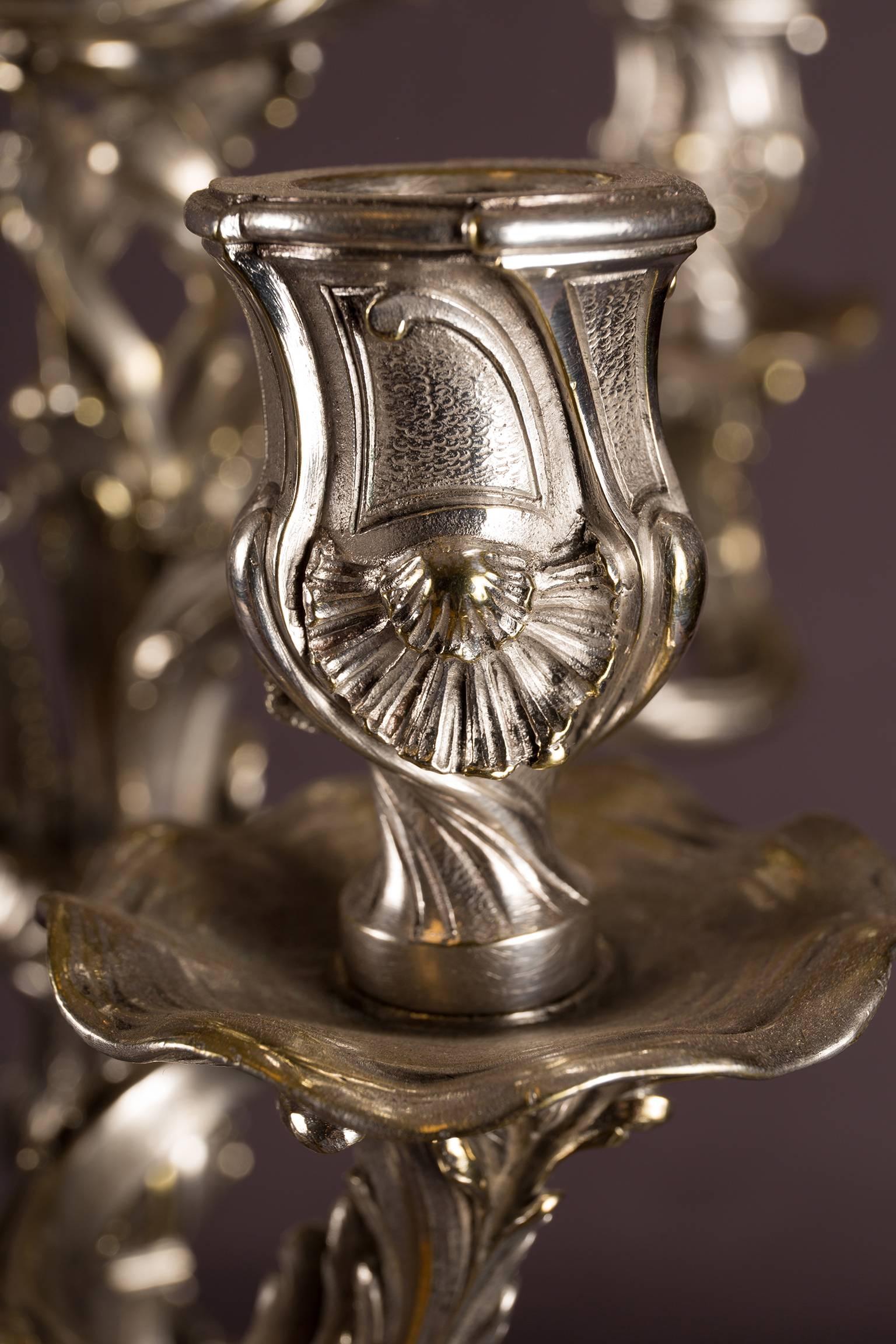 Pair of Silvered Bronze Five-Light Candelabra Each with Putti, France circa 1900 For Sale 2