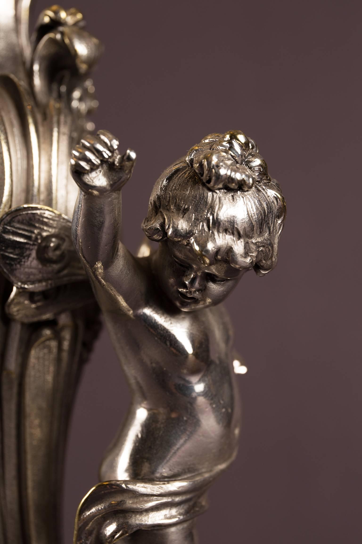 Pair of Silvered Bronze Five-Light Candelabra Each with Putti, France circa 1900 For Sale 3
