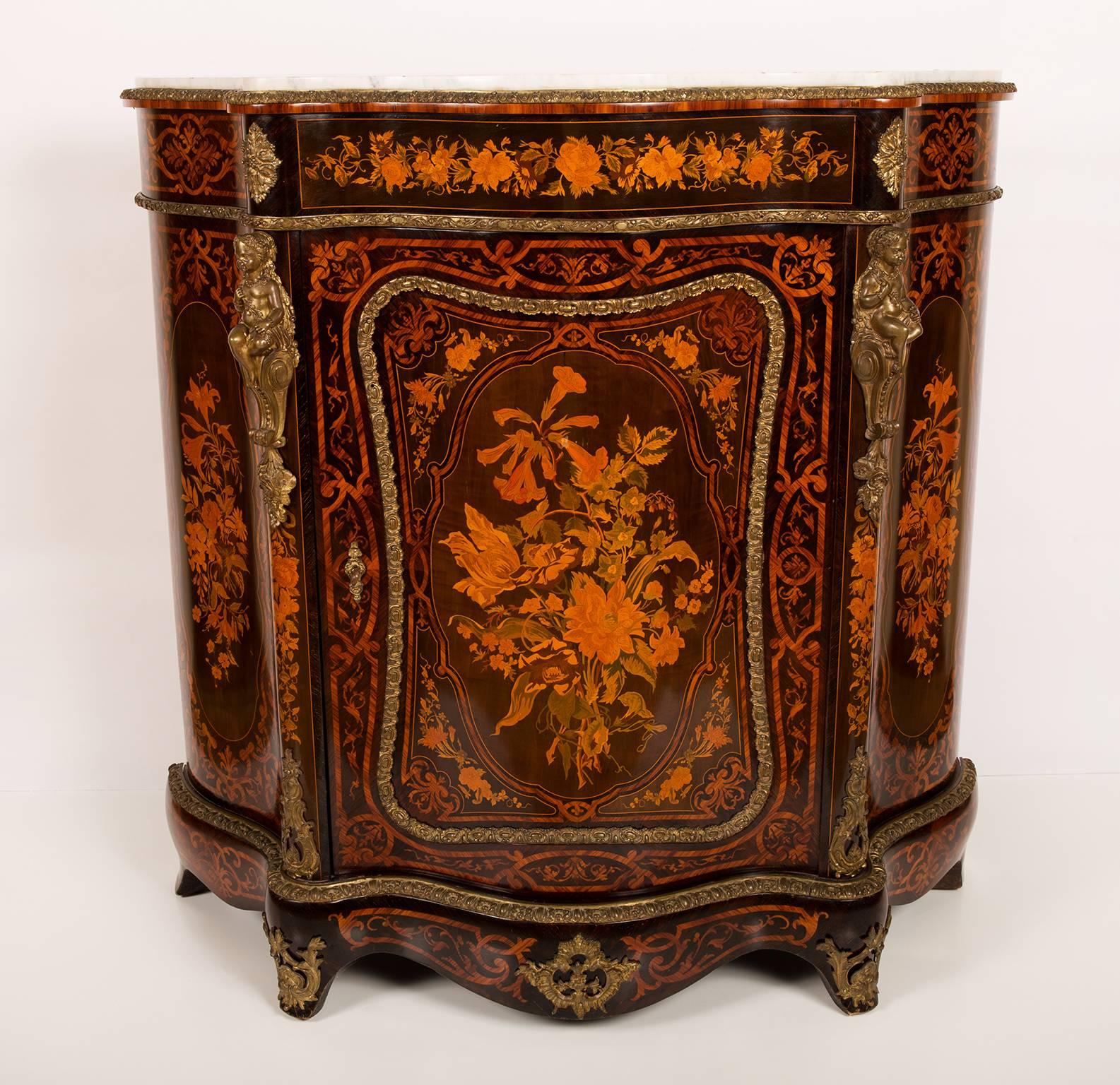 Napoleon III Pair of French Serpentine Flower Marquetry Inlaid Meubles D´Appui, circa 1880 For Sale