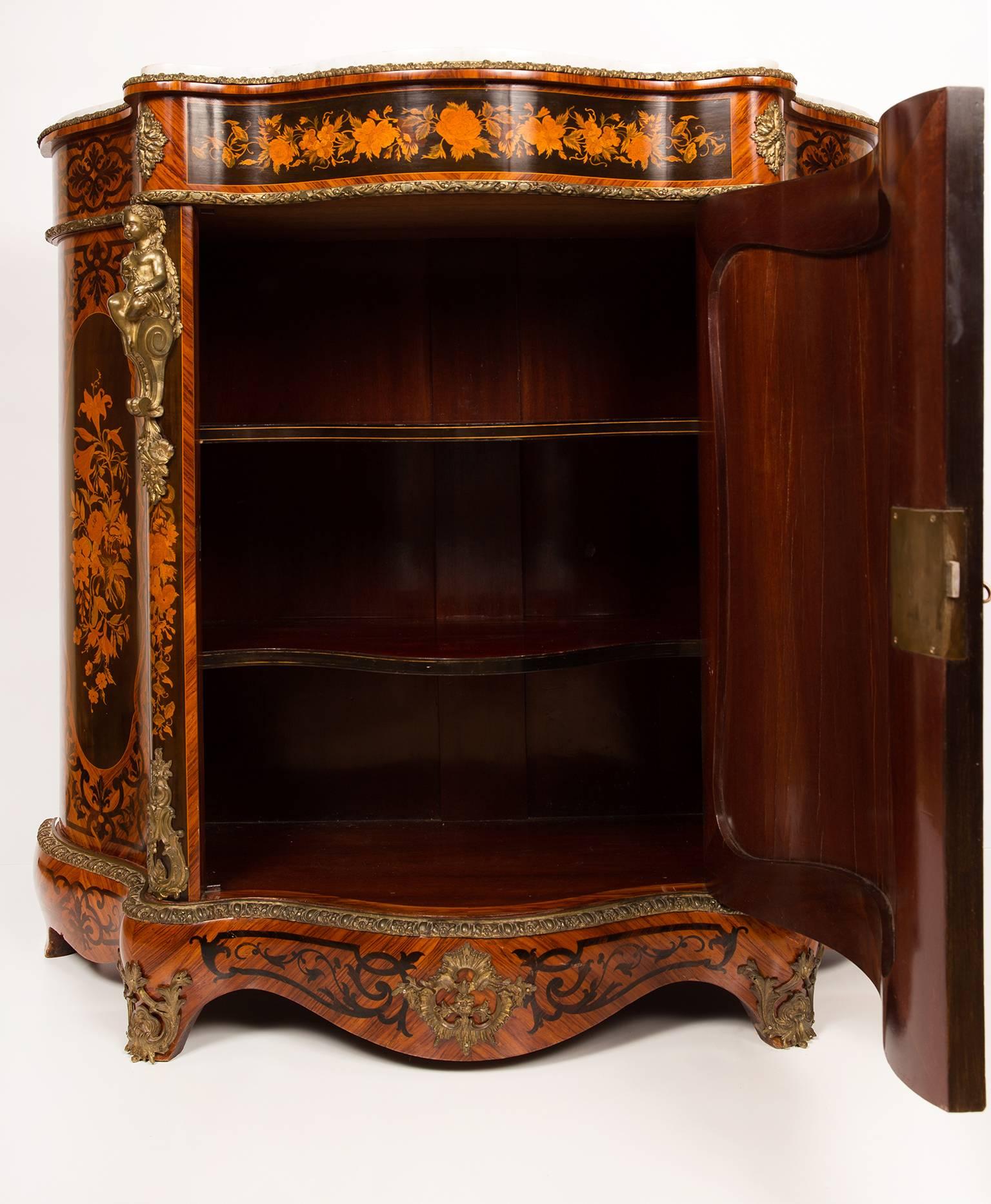 Pair of French Serpentine Flower Marquetry Inlaid Meubles D´Appui, circa 1880 For Sale 4