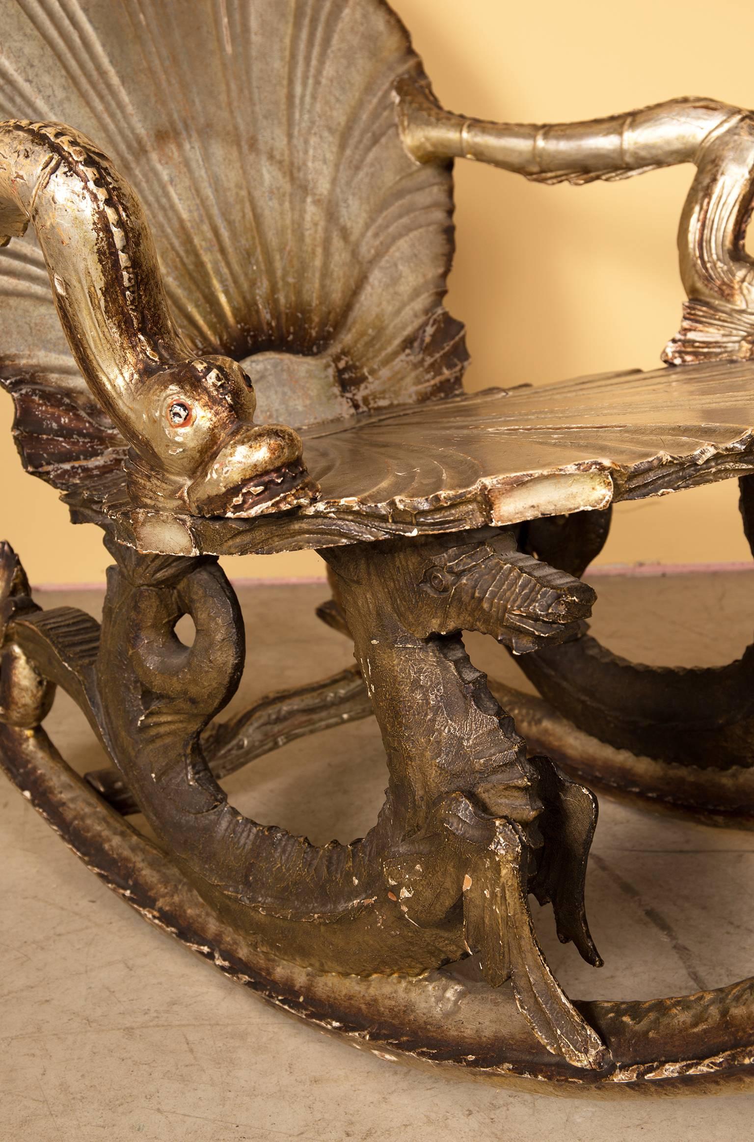 Italian Grotto Rocking Chair Open Scallop of Lacquered Silver Leaf, Venetian, circa 1900 For Sale