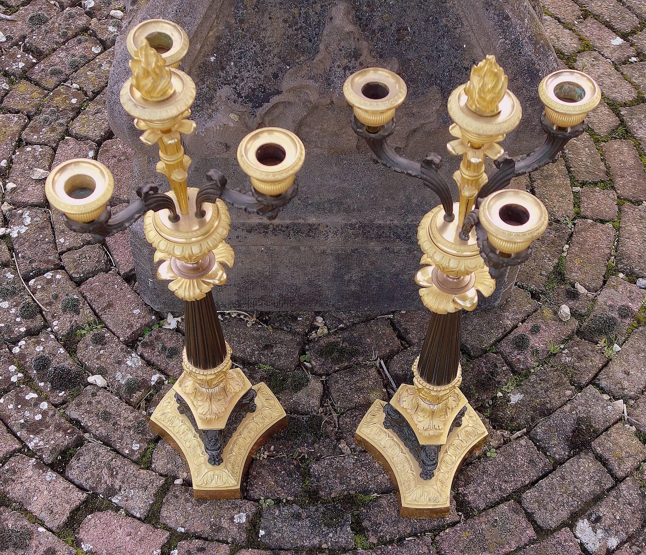 19th Century Pair of Ormolu and Patinated Bronze Candelabra, Louis Philippe France circa 1830 For Sale