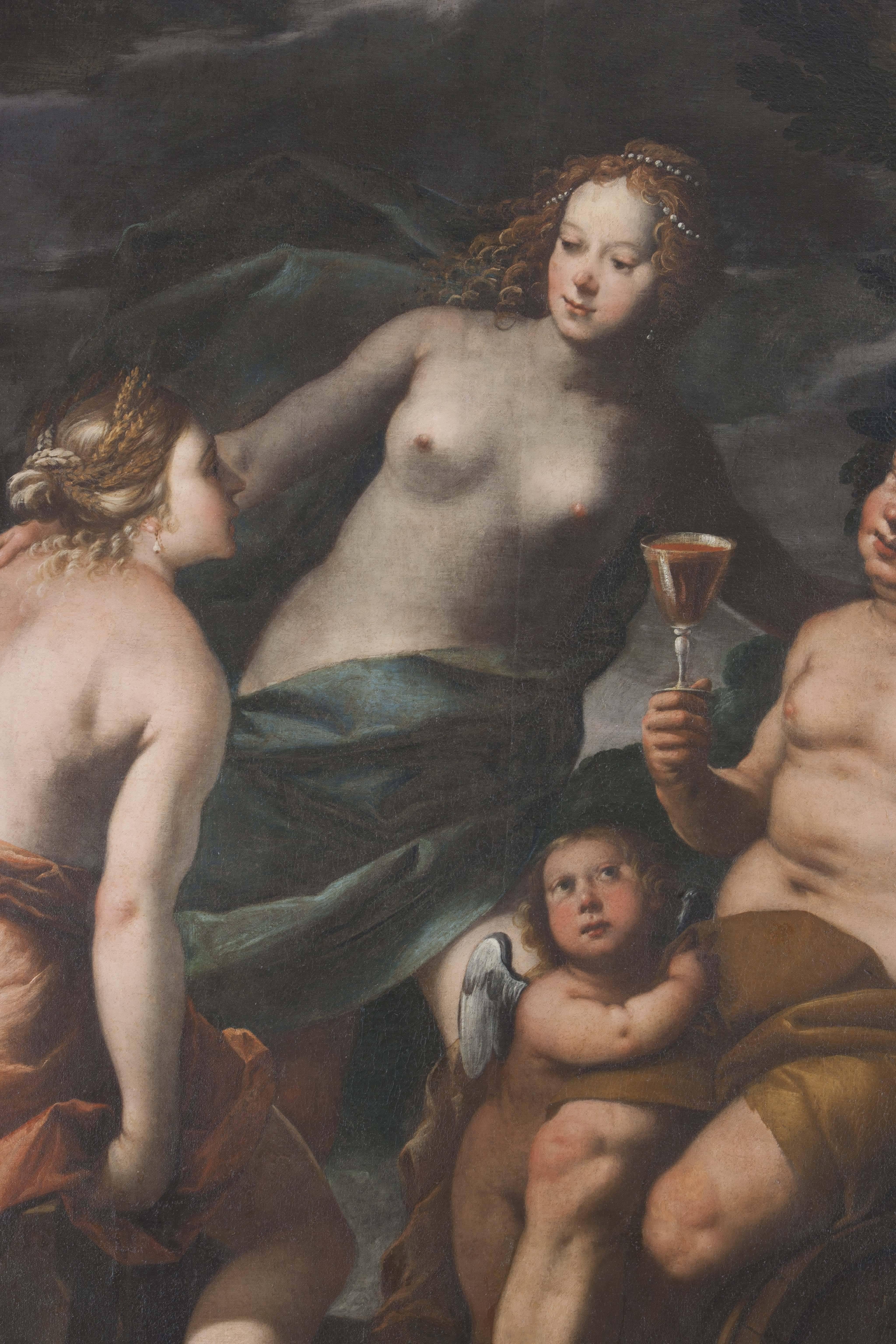 Giuseppe Montalto (1609-1669), Ceres Bacchus and Venus, oil on canvas, measures 221 x 160 cm, very good conditions, beautiful frame of the same age, lacquered and gilded.
Venus, standing in the center, accompanied by a small Love, hugs Ceres,