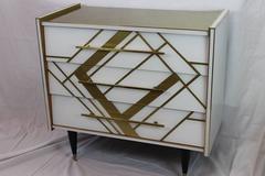 Chest of Drawers in White and Gold Tinted Glass with Copper Details
