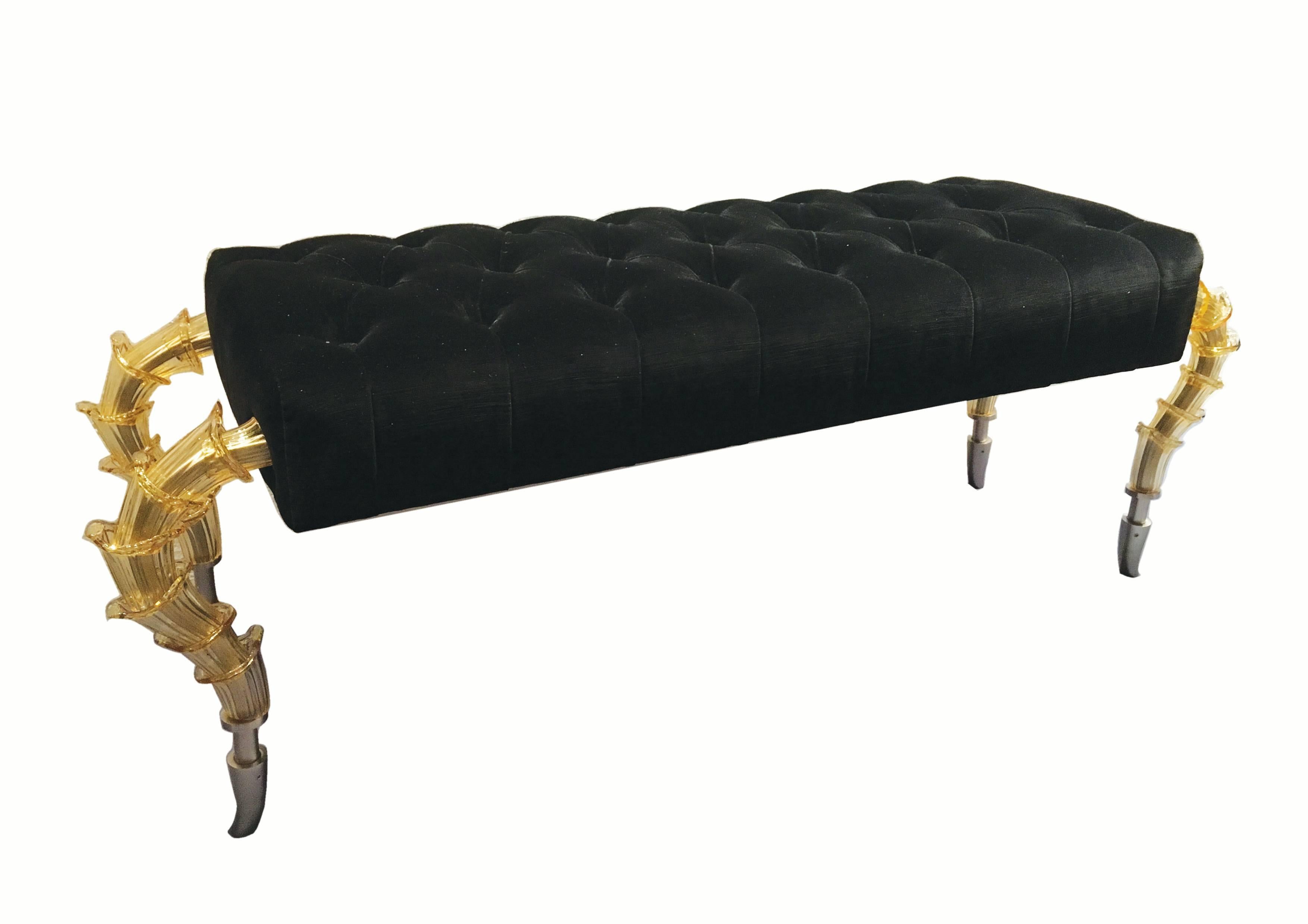 Classic bench with a black velvet deep buttoned seat with legs made of Rezzonico Murano glass elements in light amber over satin nickel legs.
 