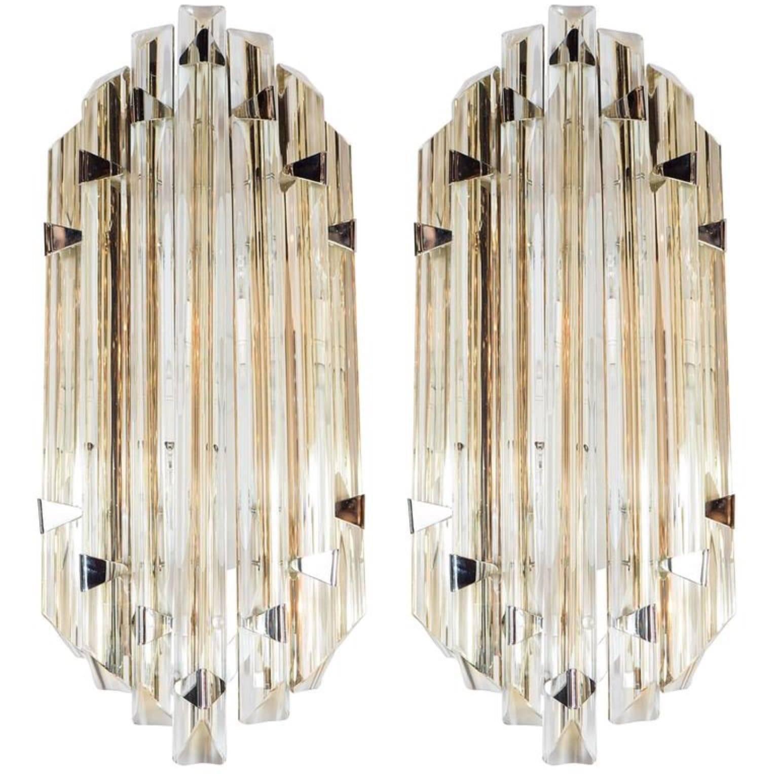 Two Pairs of Modernist Sconces in Pale Amber Murano Glass in the Style of Venini