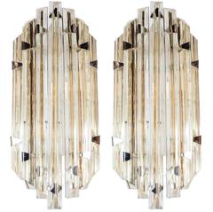 Two Pairs of Modernist Sconces in Pale Amber Murano Glass in the Style of Venini