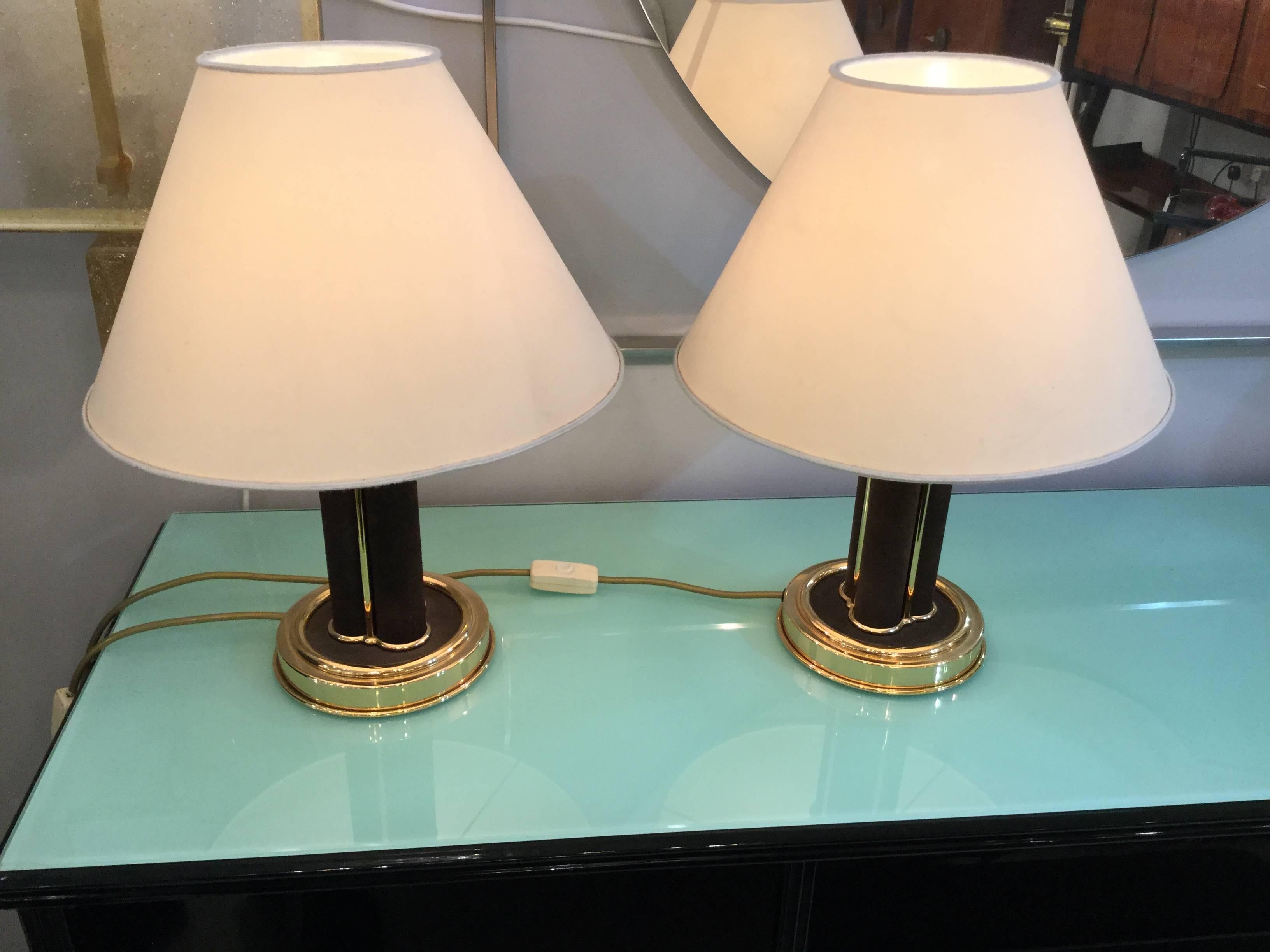 Pair of Italian Table Lamps in Suede and Brass, 1960 4