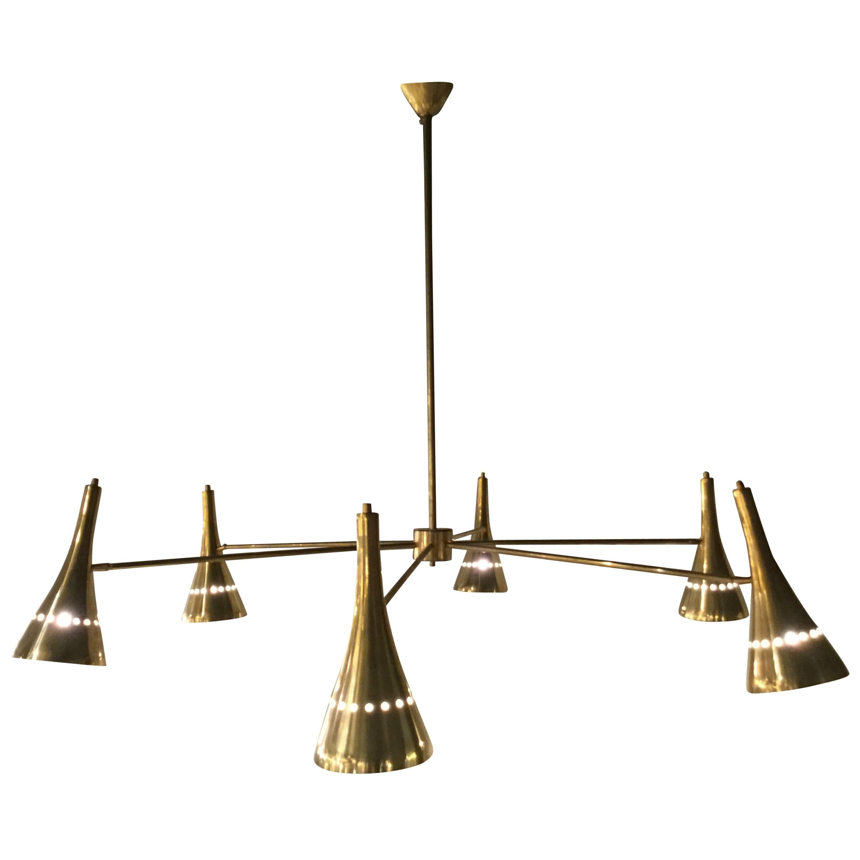 Italian Modernist Chandelier with Six Arms in Brass with Directional Shades