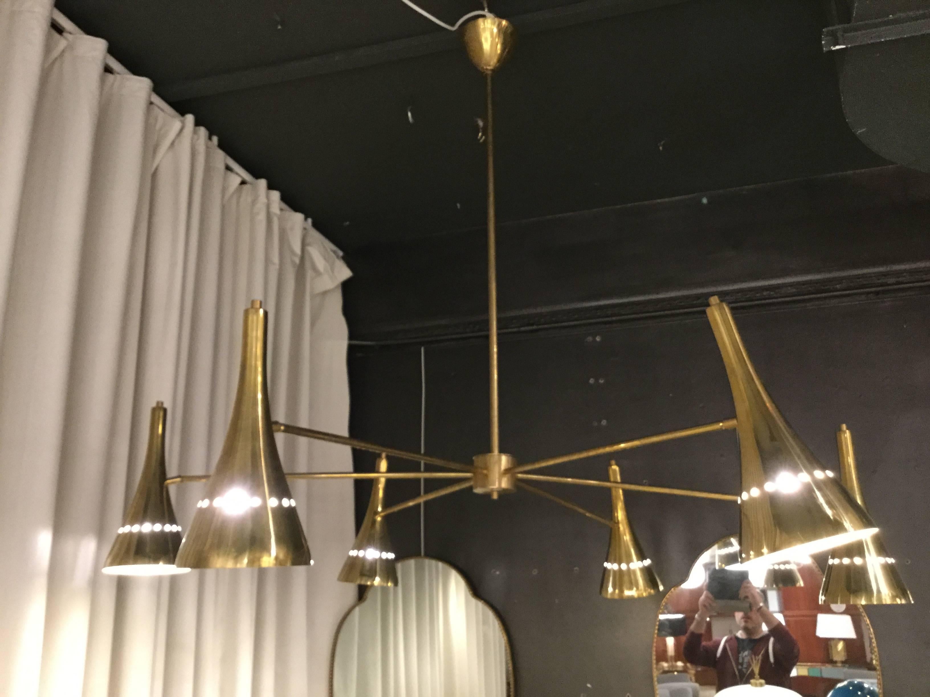 20th Century Italian Modernist Chandelier with Six Arms in Brass with Directional Shades