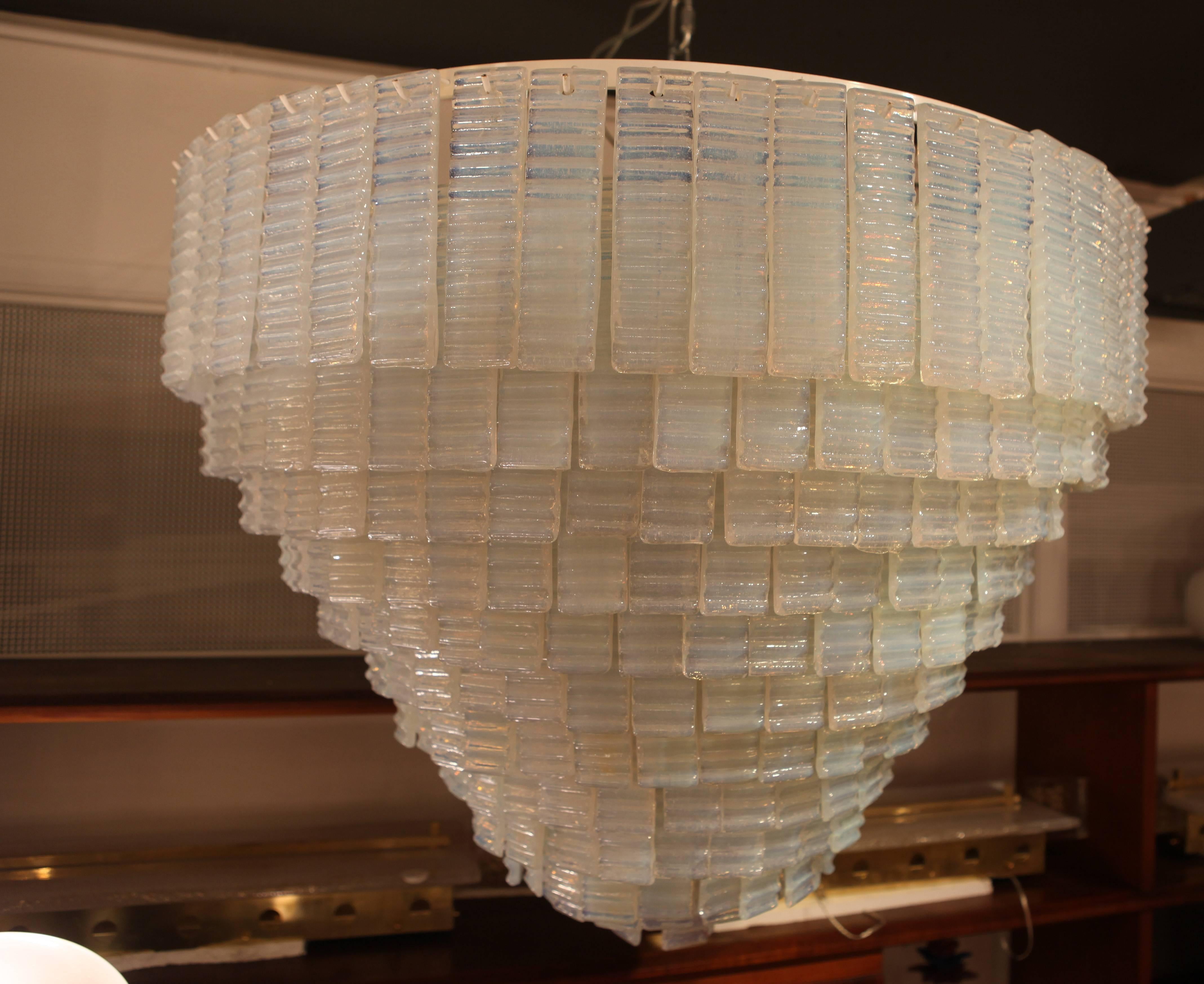 Mid-Century Modern Large Murano Chandelier, 12 Tiers of Iridescent Glass Attributed to Venini, 1960