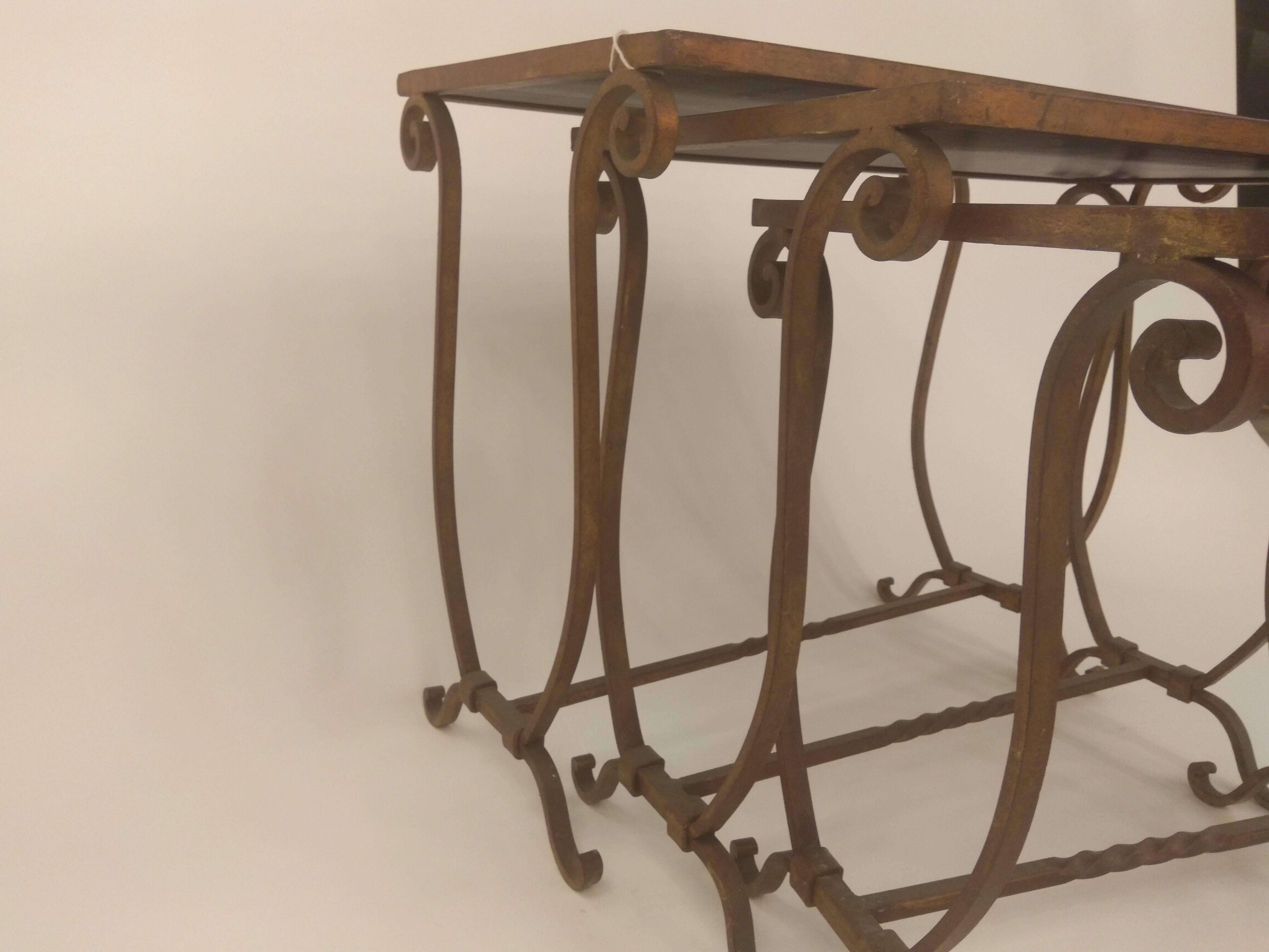 Italian Designed Nest of Three Tables Forged Iron with Black Glass, 1950 In Excellent Condition In London, GB