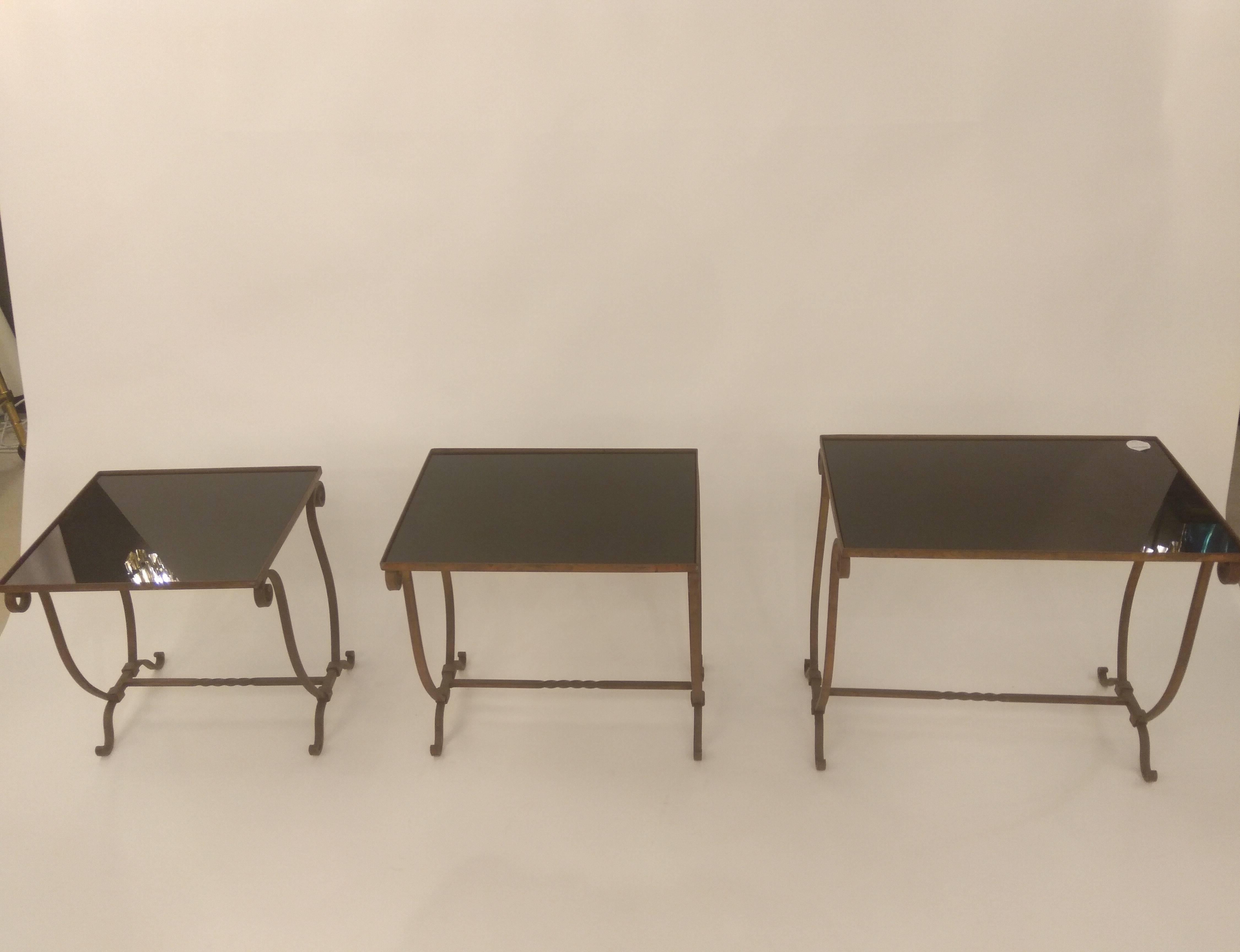 20th Century Italian Designed Nest of Three Tables Forged Iron with Black Glass, 1950