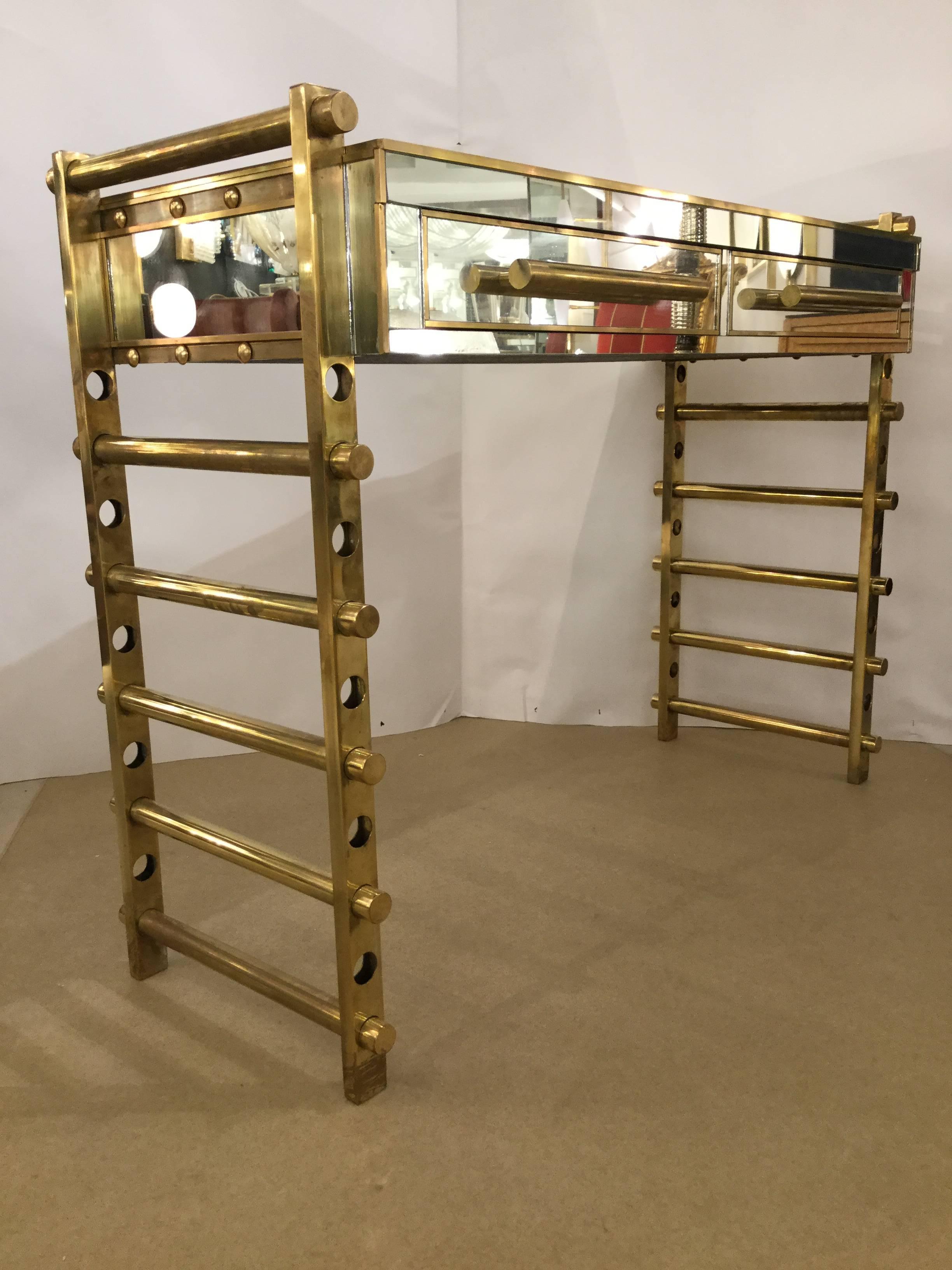 Pair of Italian Console Tables Brass and Mirror Style of Roberto Rida 1