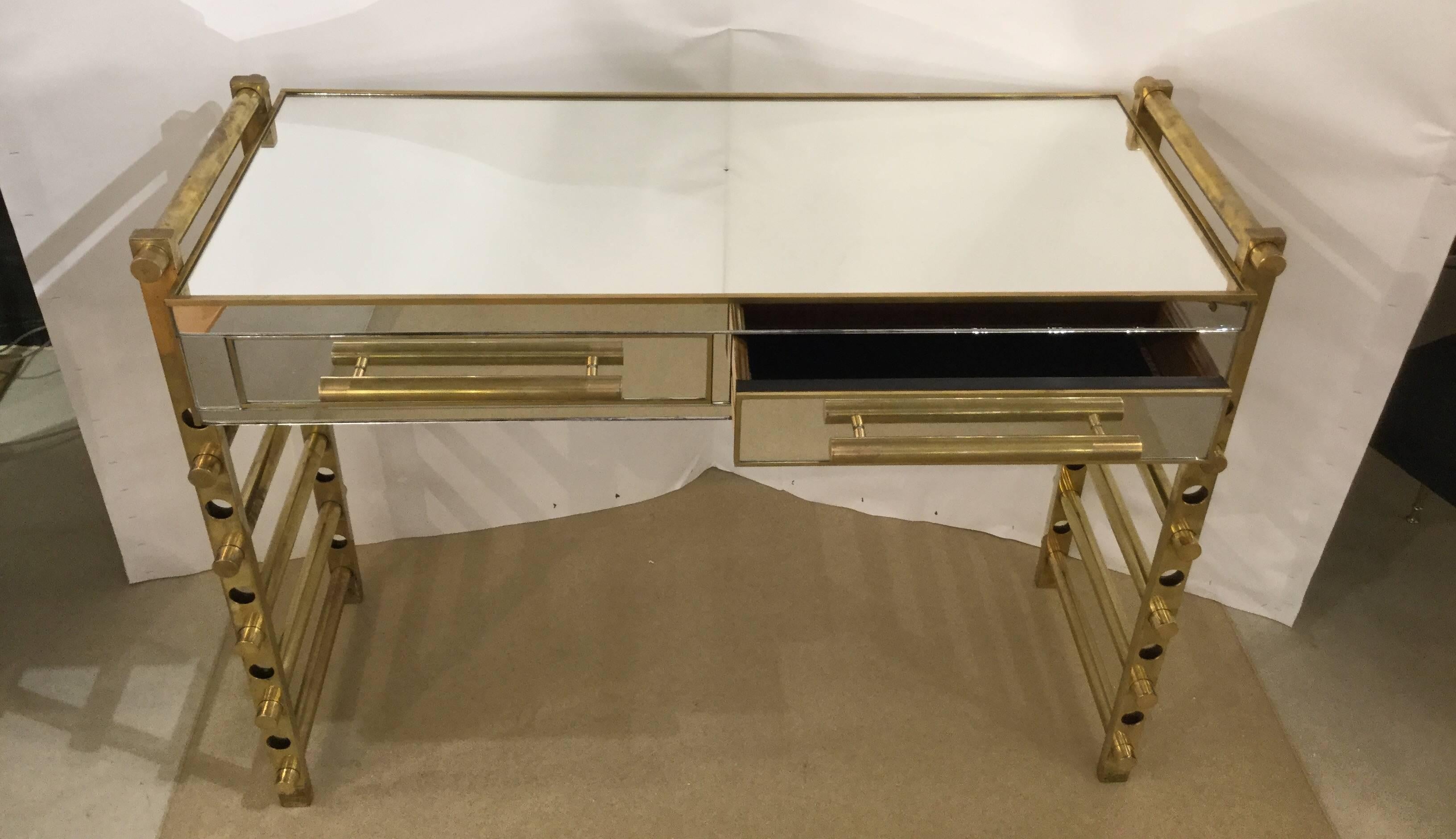 Modern Pair of Italian Console Tables Brass and Mirror Style of Roberto Rida