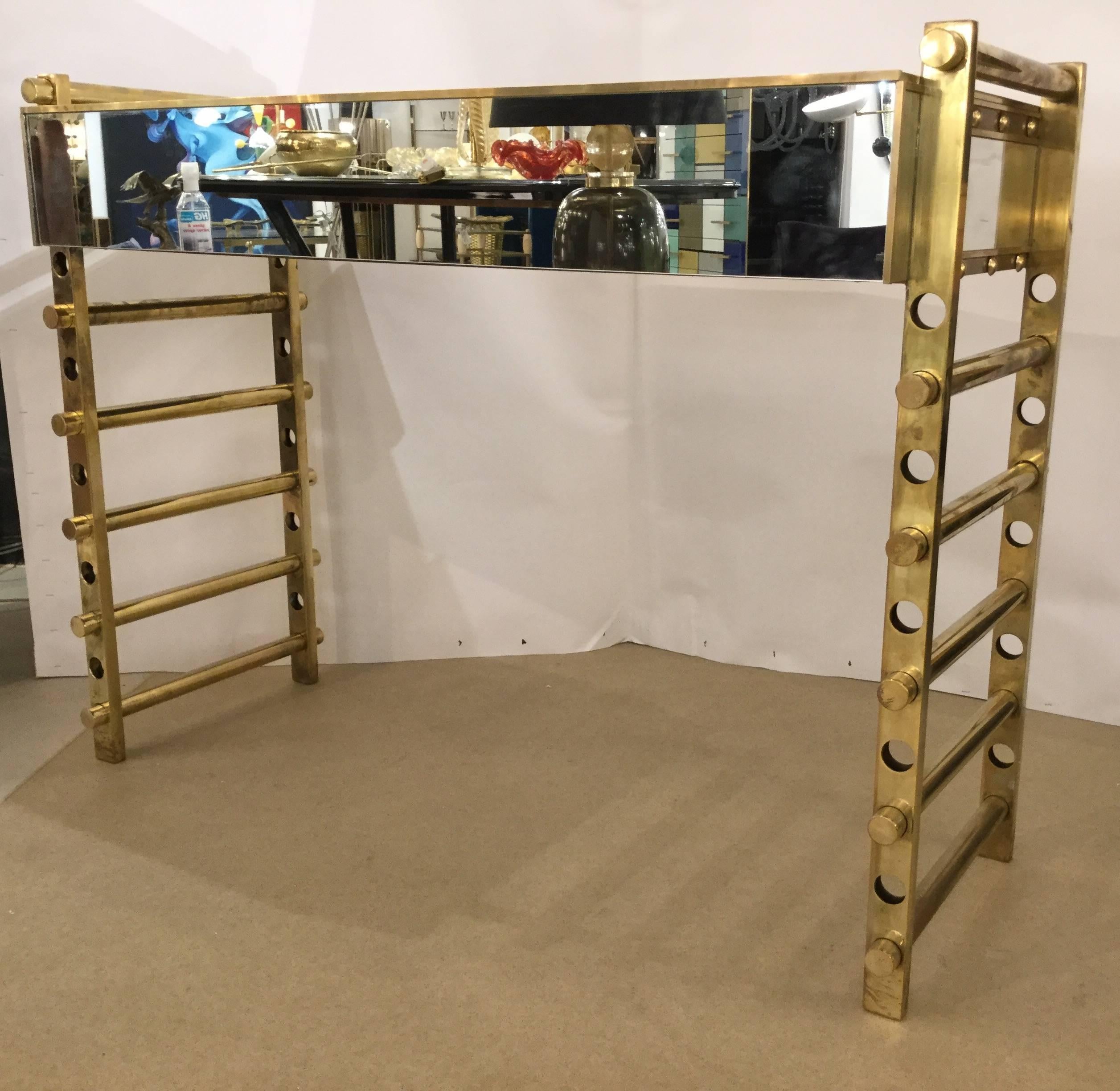 Pair of Italian Console Tables Brass and Mirror Style of Roberto Rida 2