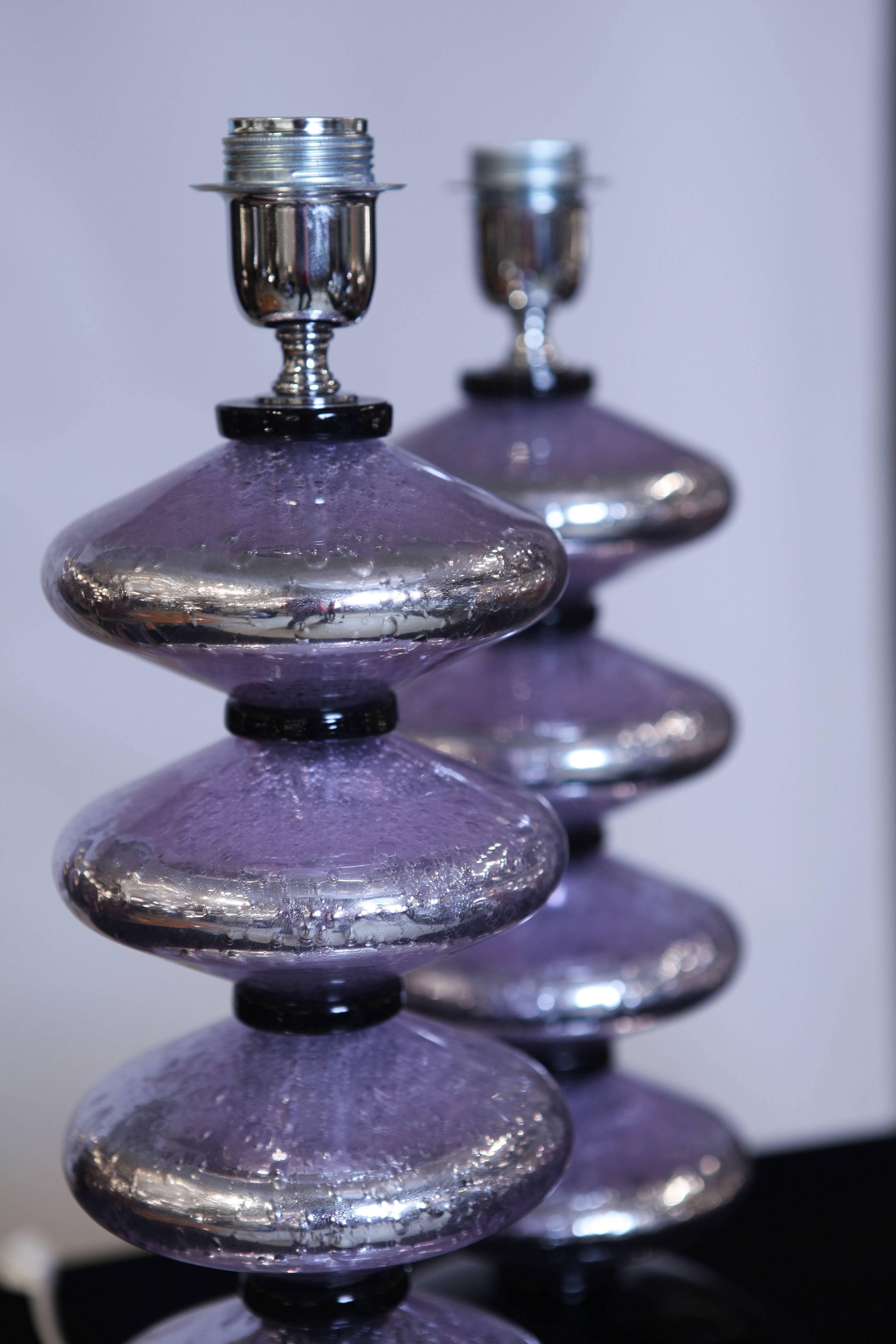 Pair Italian Table Lamps in Amethyst Mirrored Glass In Excellent Condition In London, GB
