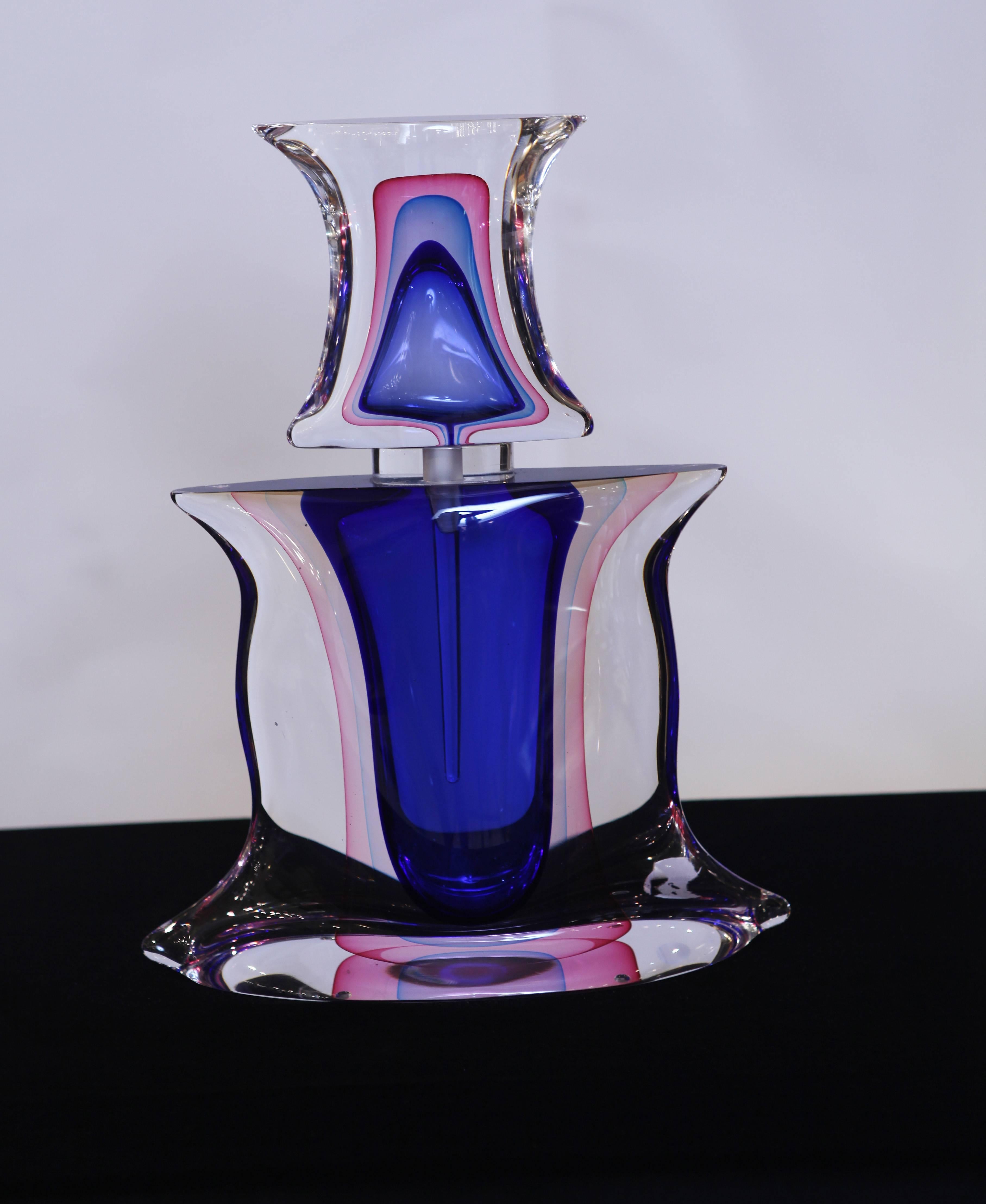 Handmade oversized Murano glass perfume bottle. Thick clear  glass with Sommerso technique layers of blue and pink glass. Large stopper. Signed by A Mandruzzato
