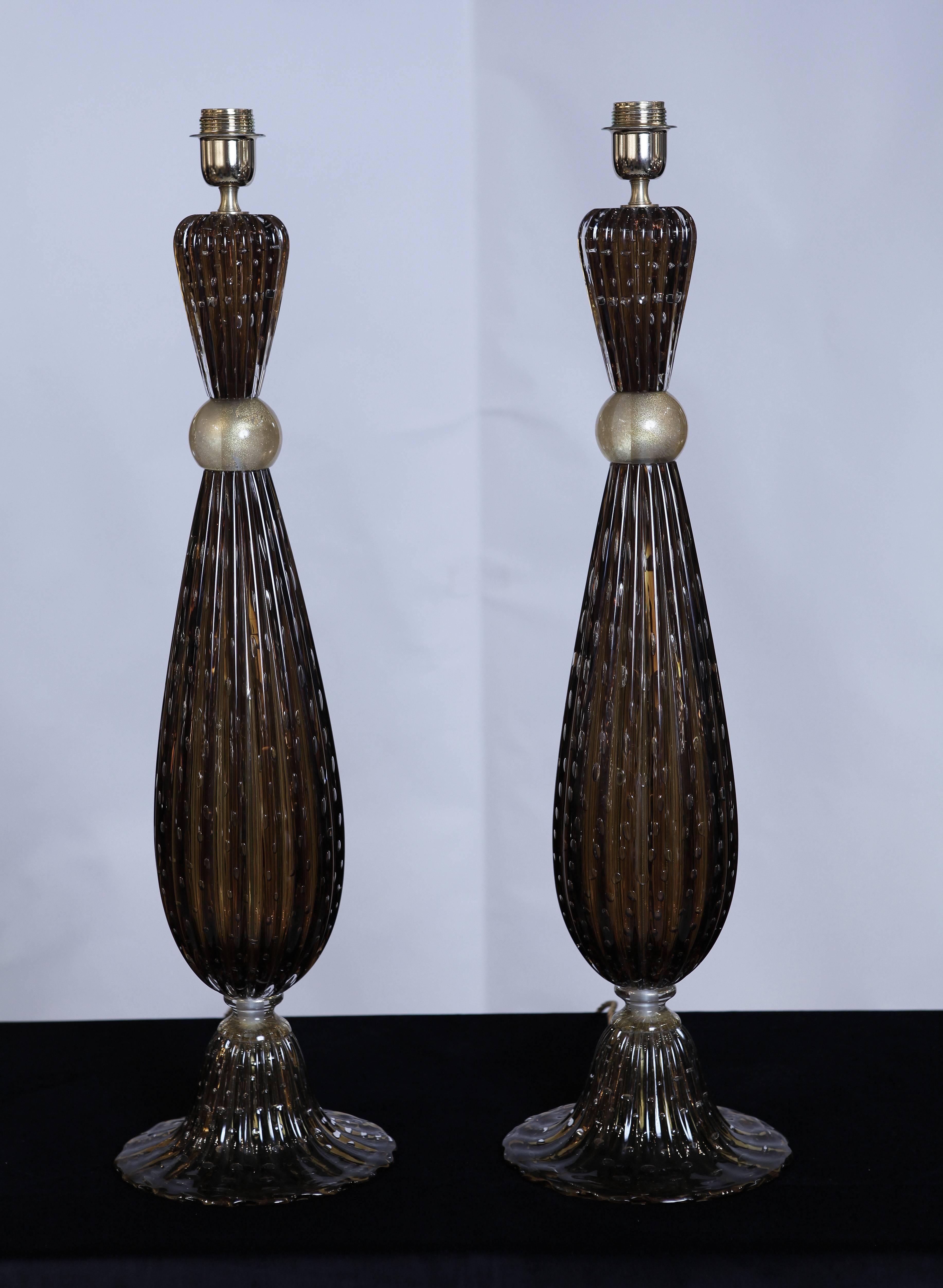 Modern Pair of Murano Glass Tall Lamps in the Style of Barovier, circa 1997