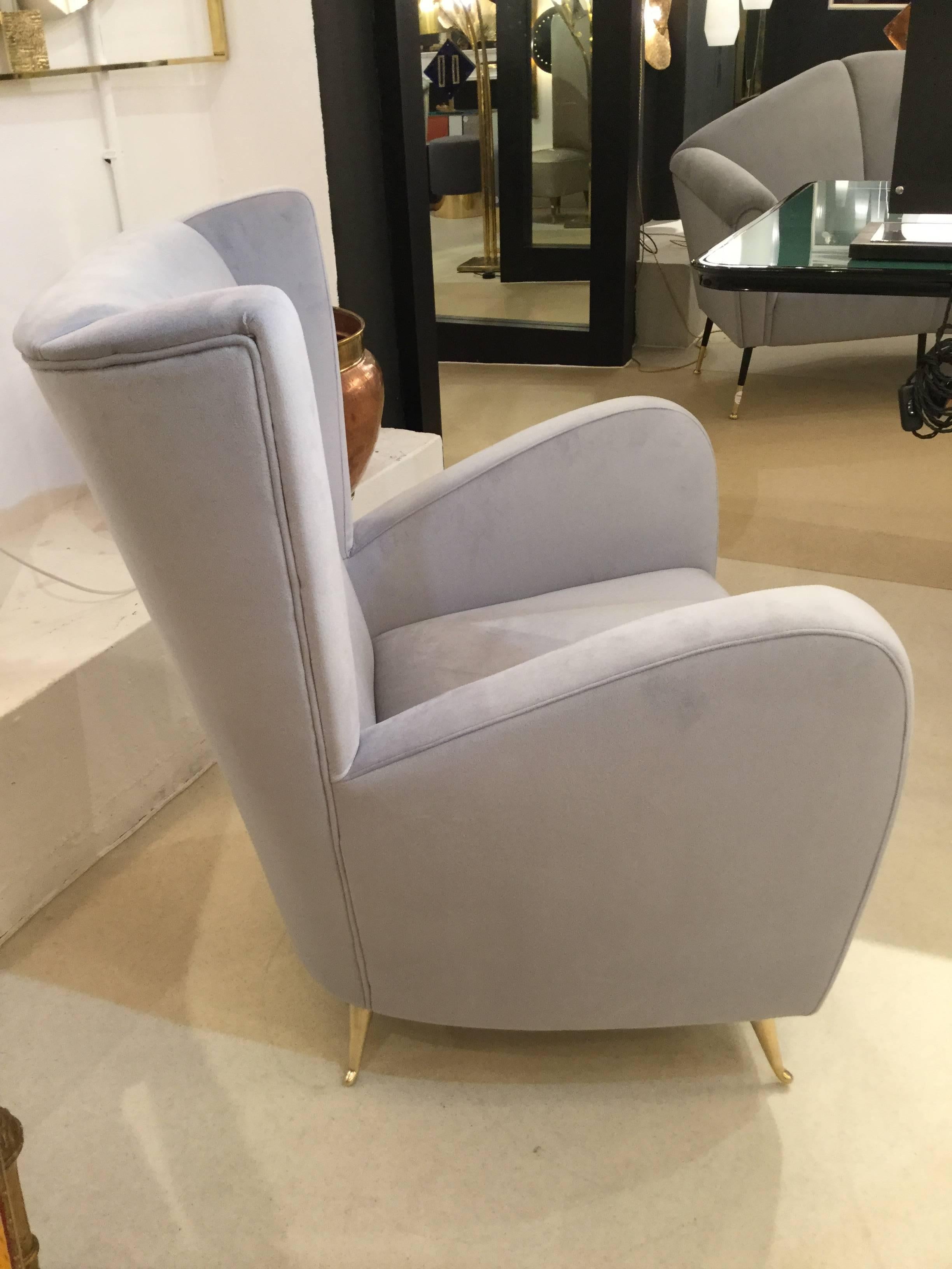  Mid Century Italian designed armchair reupholstered in grey colour velvety fabric on bronze legs in the style of Gio Ponti.