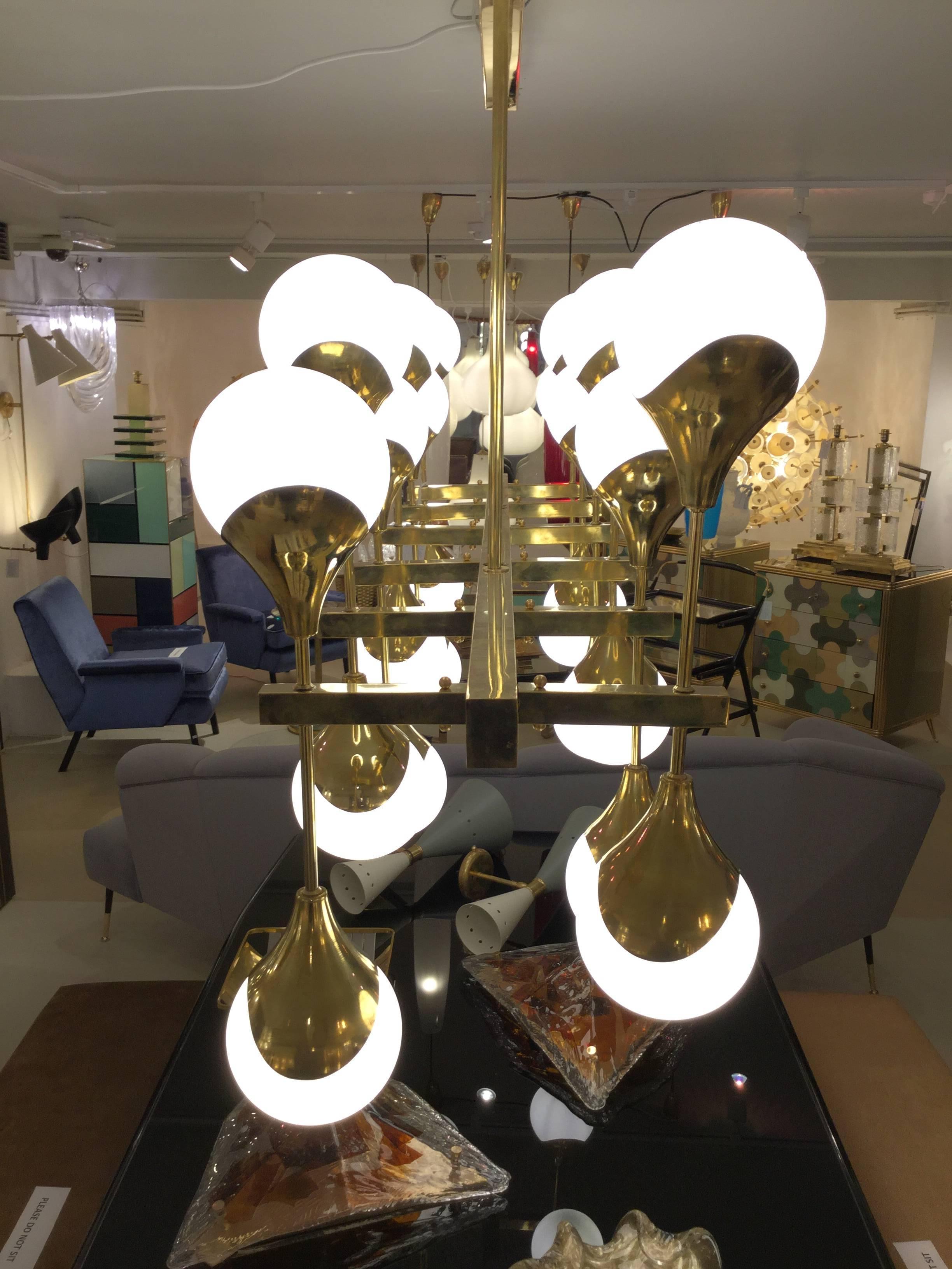 Italian Modernist Chandelier in Brass with 24 Opaline Glass Shades In Excellent Condition In London, GB