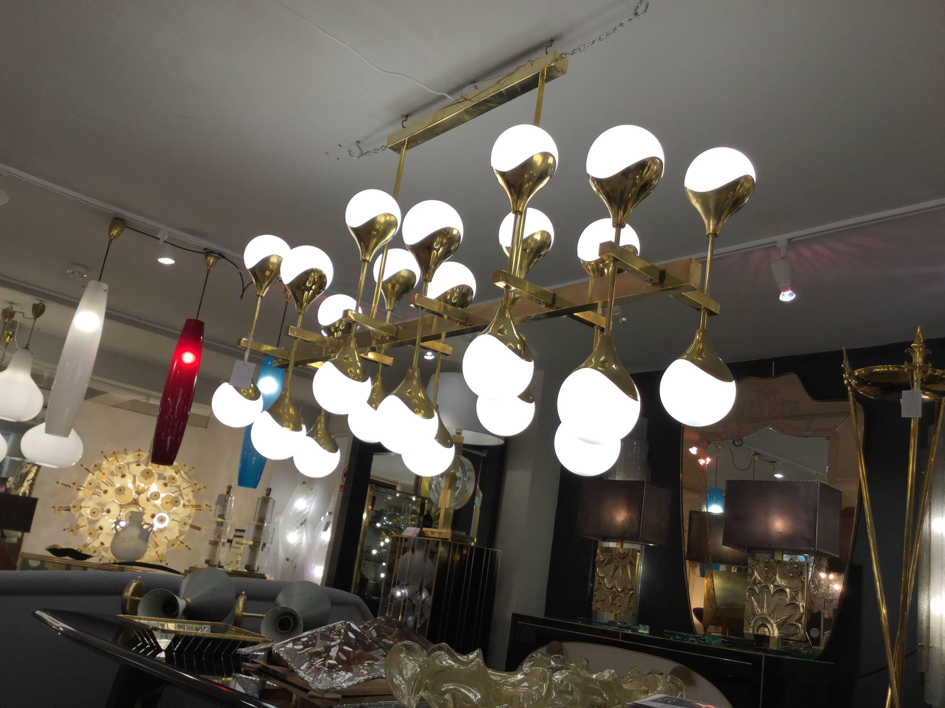 20th Century Italian Modernist Chandelier in Brass with 24 Opaline Glass Shades