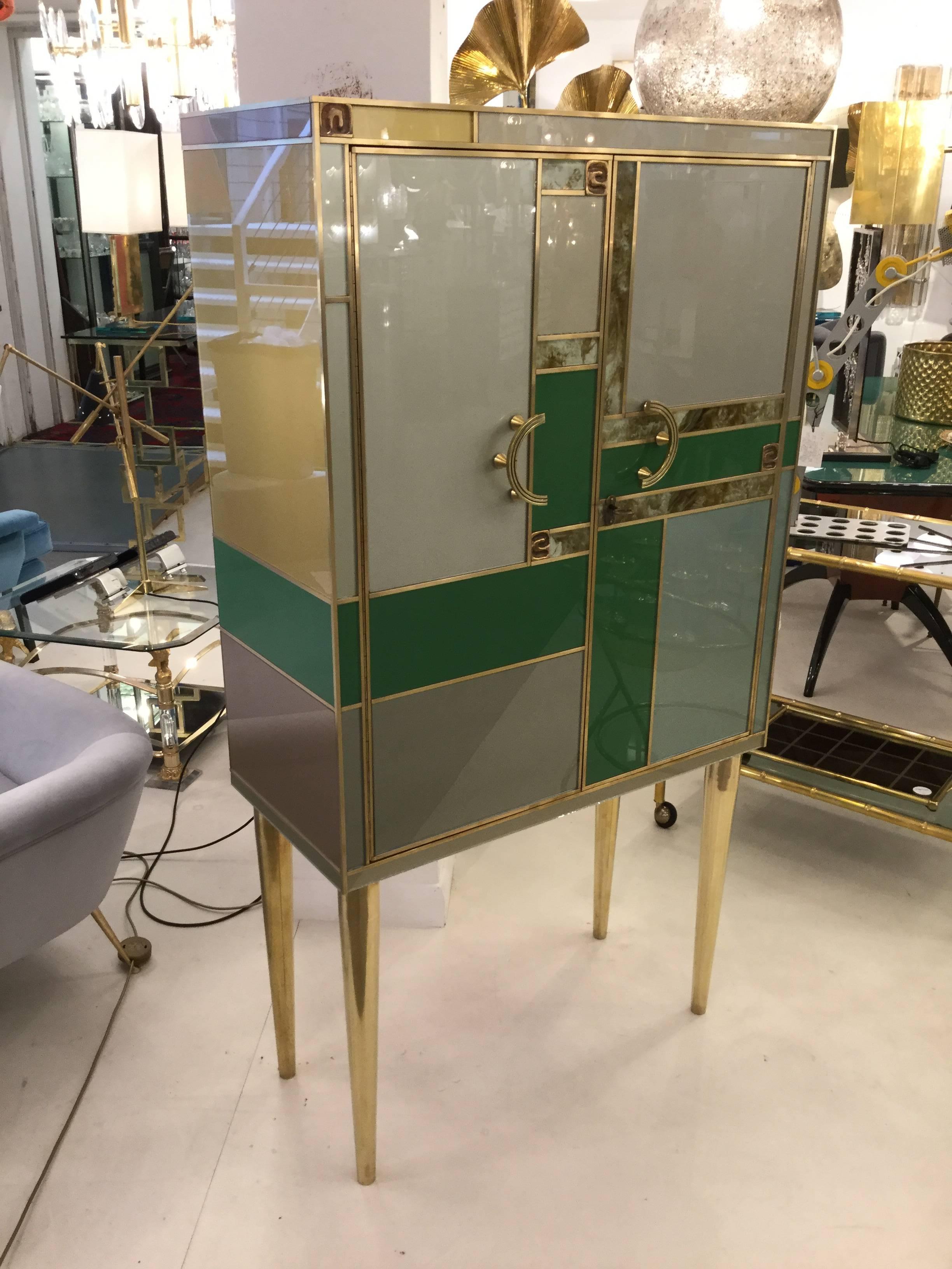 Two  Exceptional Italian Dry Cocktail Bars in Multi-Color Glass & Brass, 1970 6