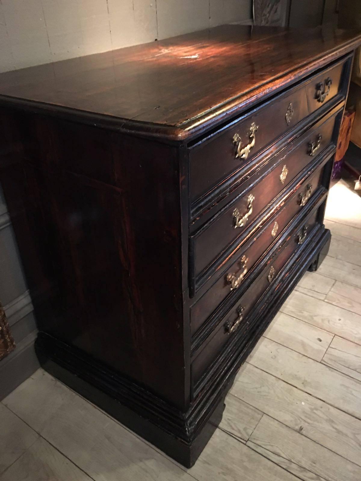 Beautiful Antique Italian Chest of Drawers, Walnut, 18th century,
from Bologna area with beautiful old worn and warm patina and great shine,
very powerful and contemporary piece of furniture by its simplicity in design and lines