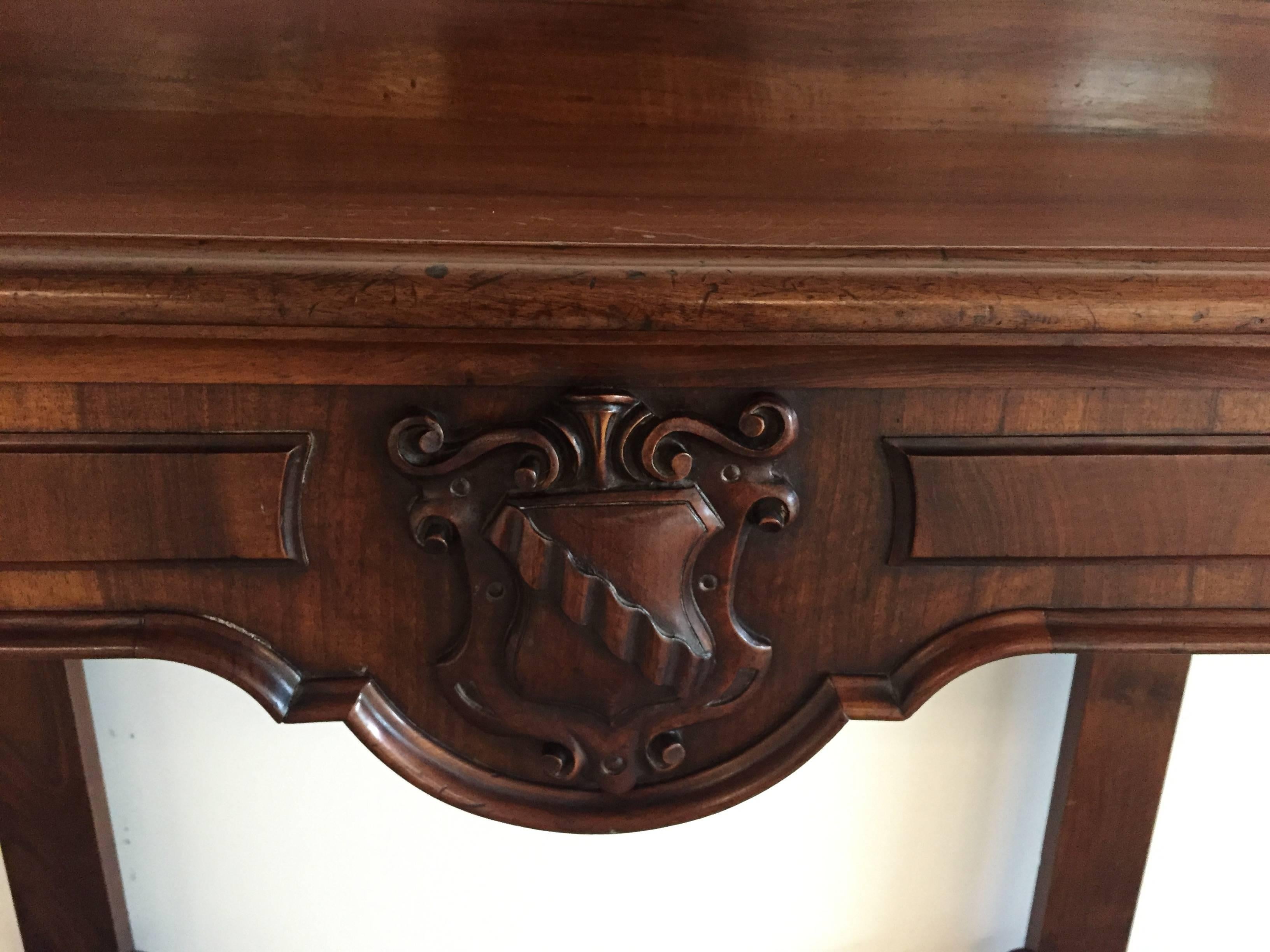 Polished 19th Century Mahogany Console with Coat of Arms, Irish For Sale