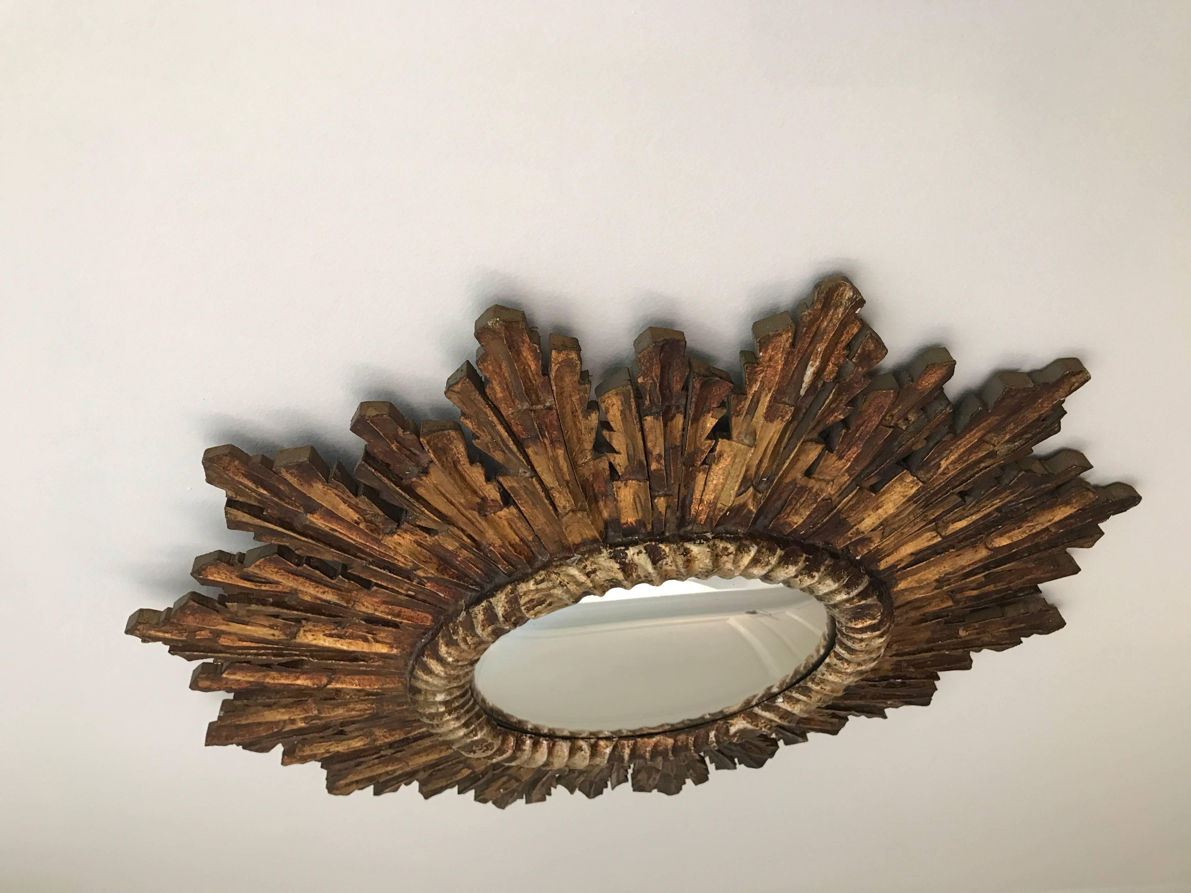 Mid-20th Century Sun Shaped Mirror, Gold Patinated Wood