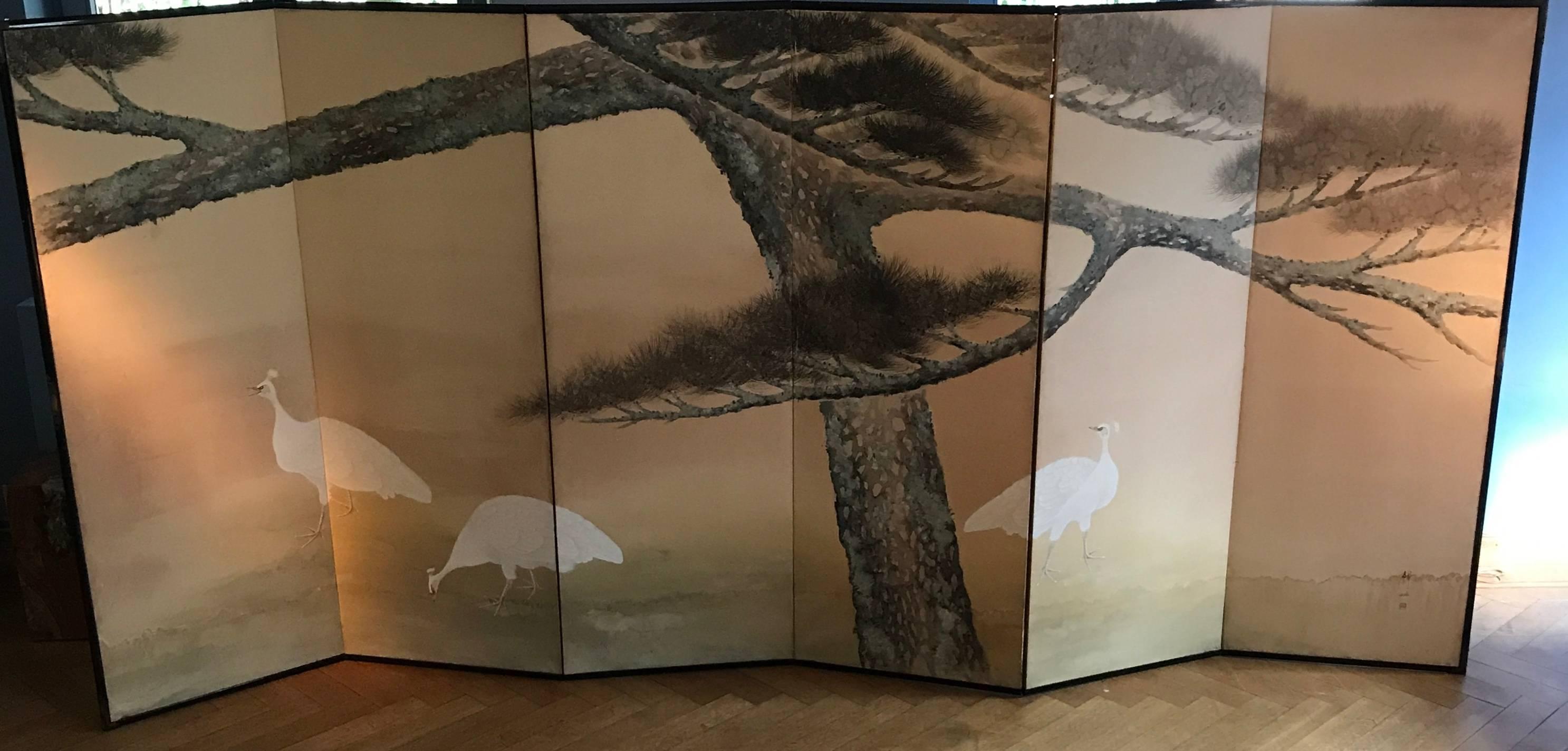 Exceptional Japanese screen, six-panel, Taisho period
Paper and wood with three white peacocks and pine tree.