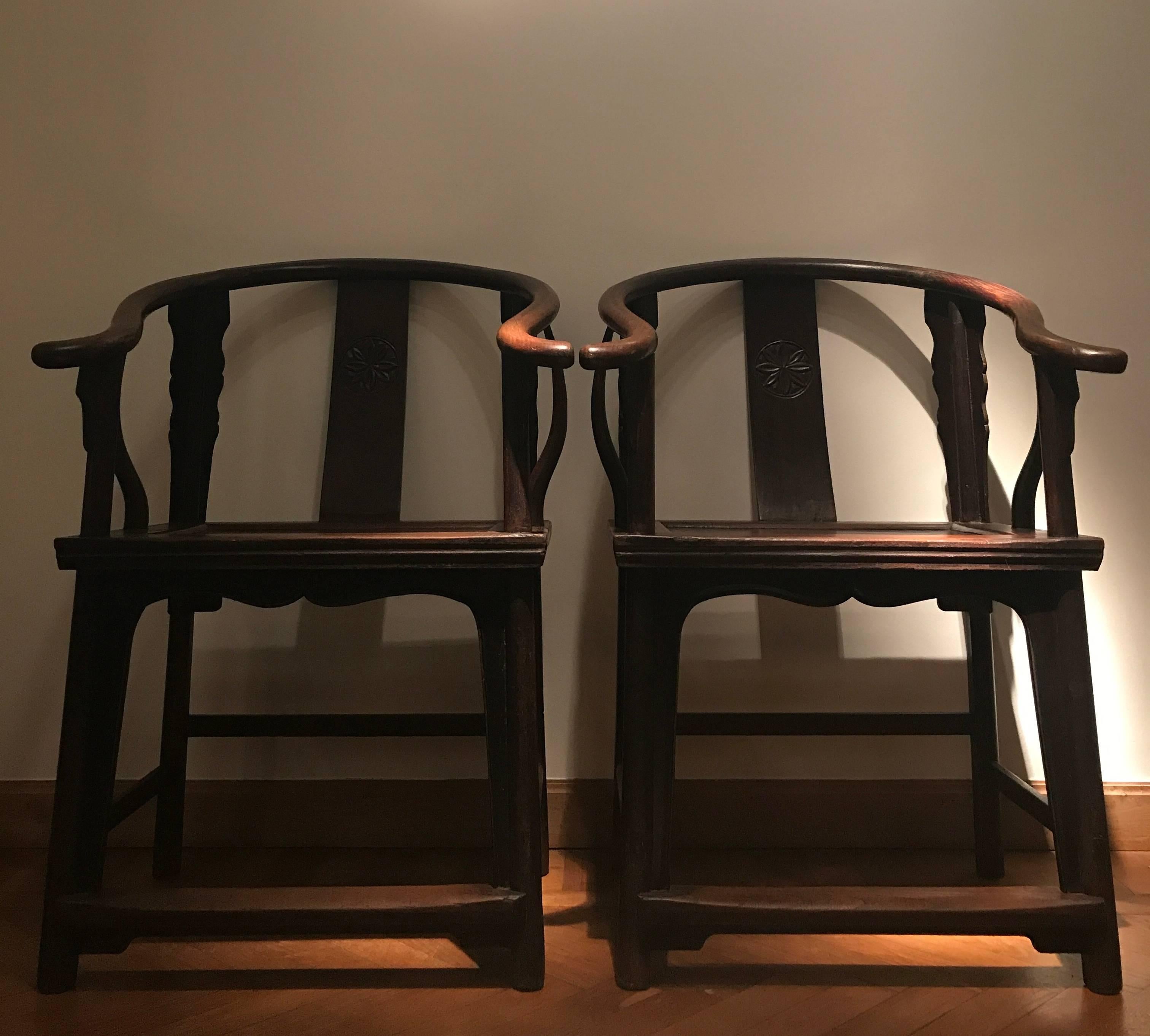 Pair of Antique Chinese Chairs in Elm Wood For Sale 2