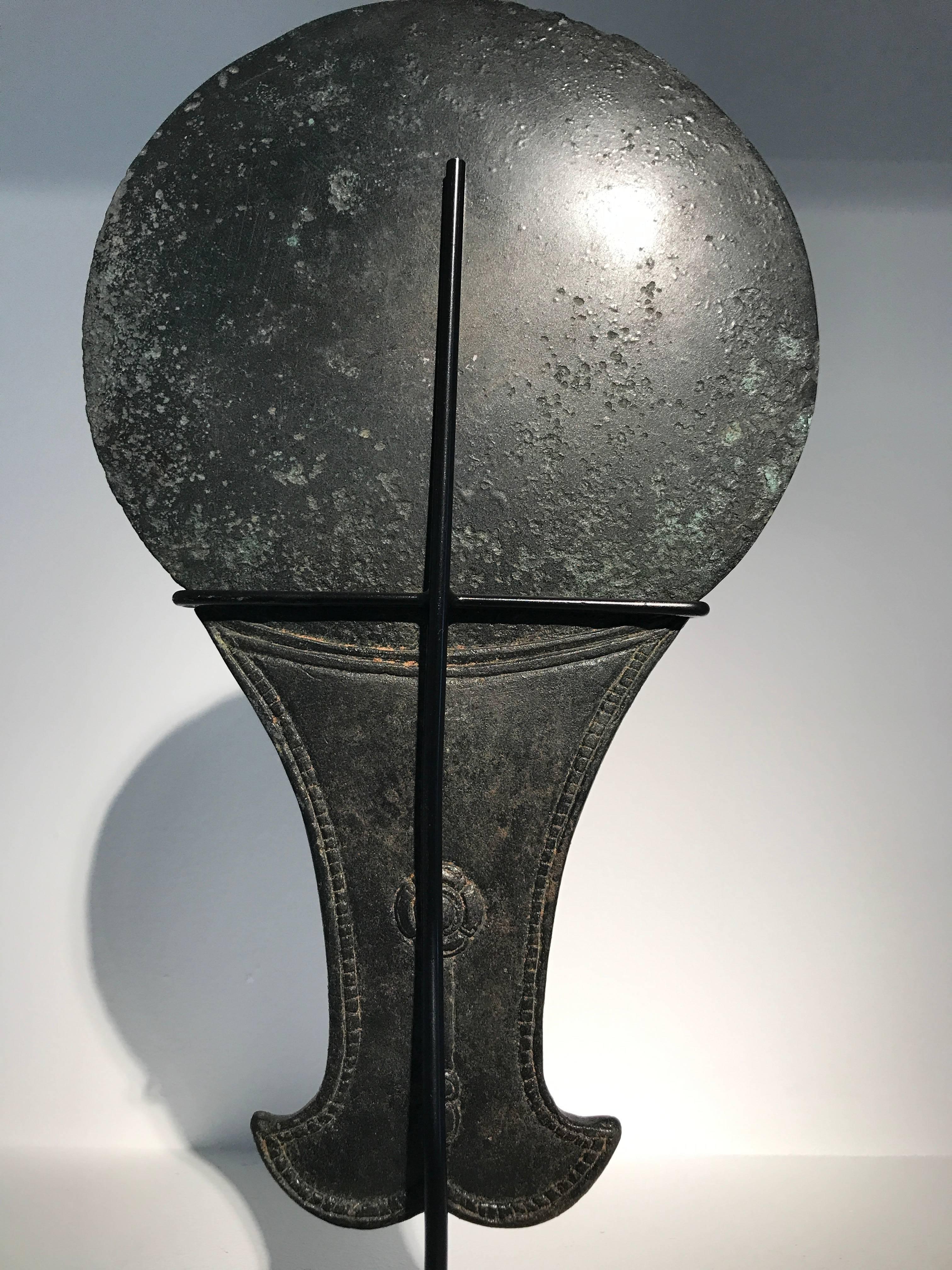 Polished Bronze Mirror with Handle, Southeast Asia, Khmer Style, Cambodia