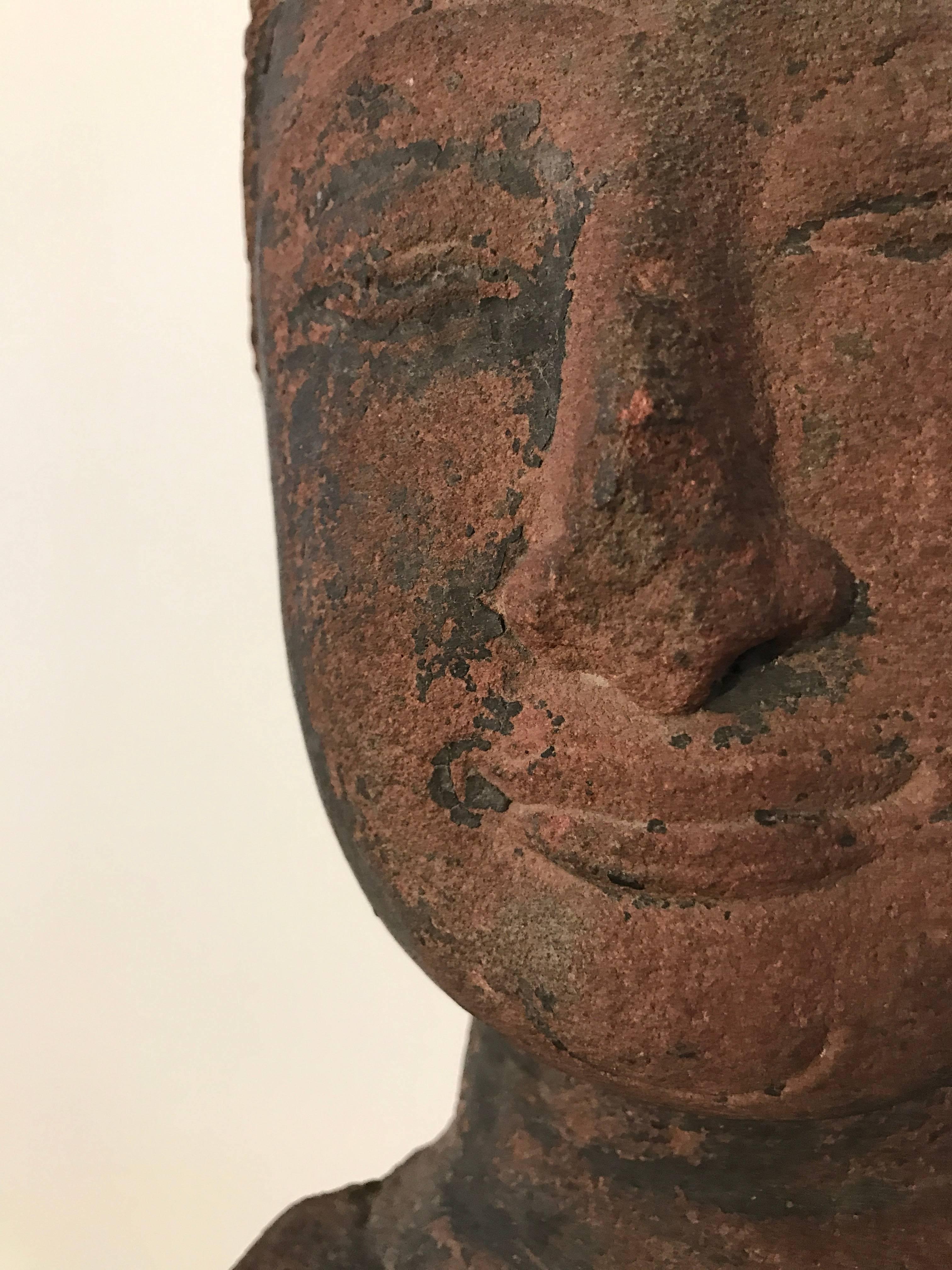 Patinated Stone Head of Buddha, 16th Century For Sale