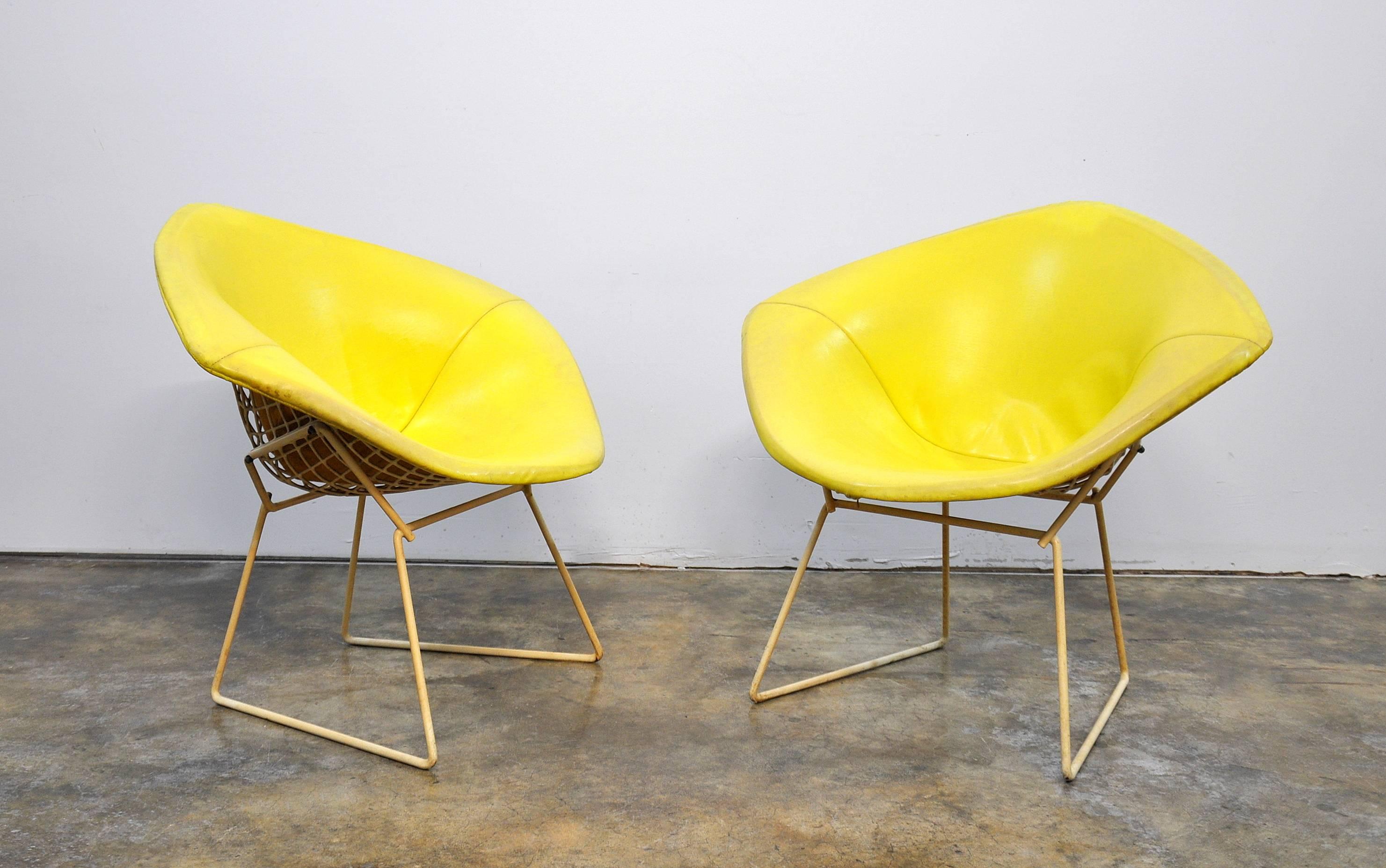 Faux Leather Early Pair of Bertoia for Knoll Associates Yellow Diamond Lounge Chairs, 1960s