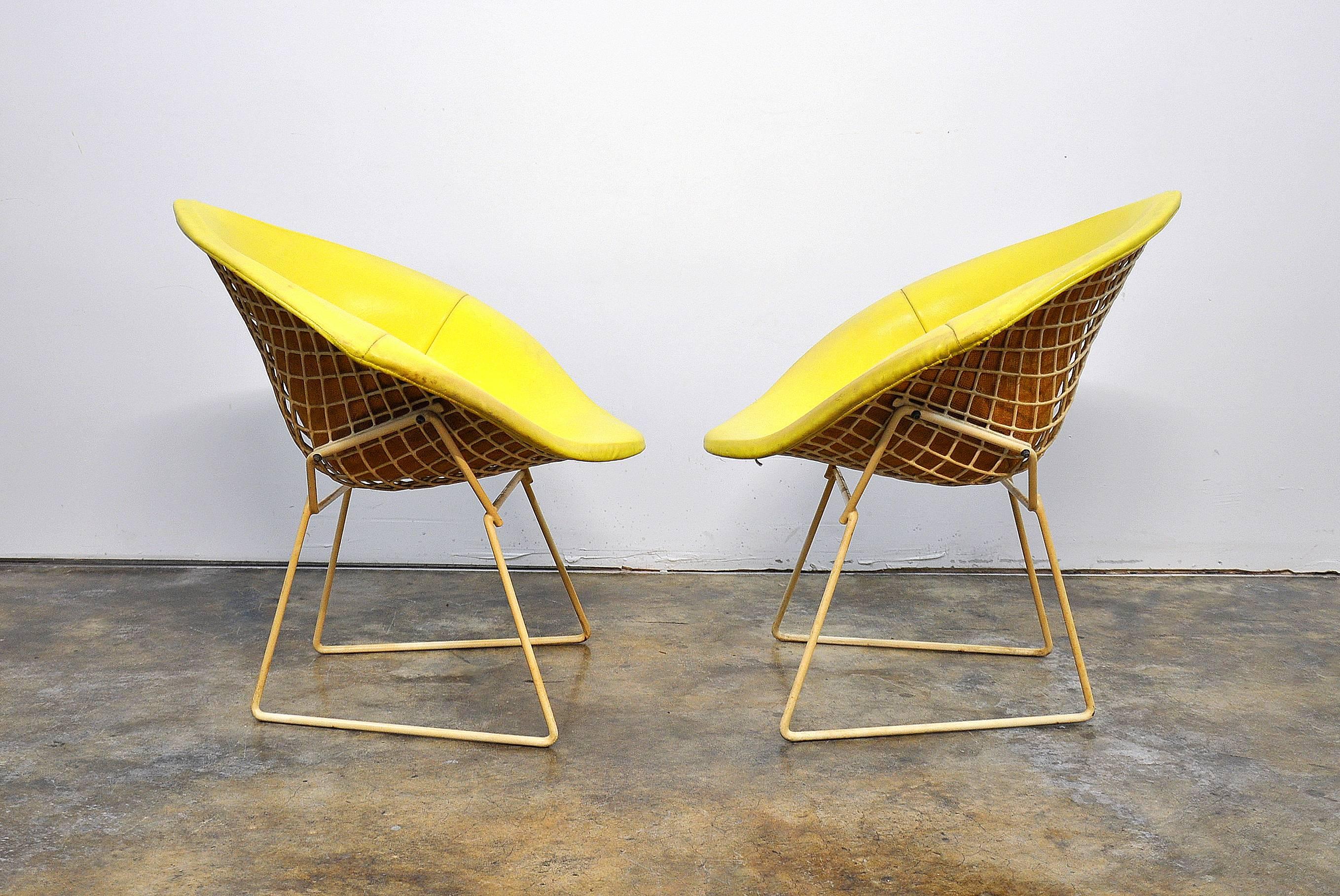 Mid-Century Modern Early Pair of Bertoia for Knoll Associates Yellow Diamond Lounge Chairs, 1960s